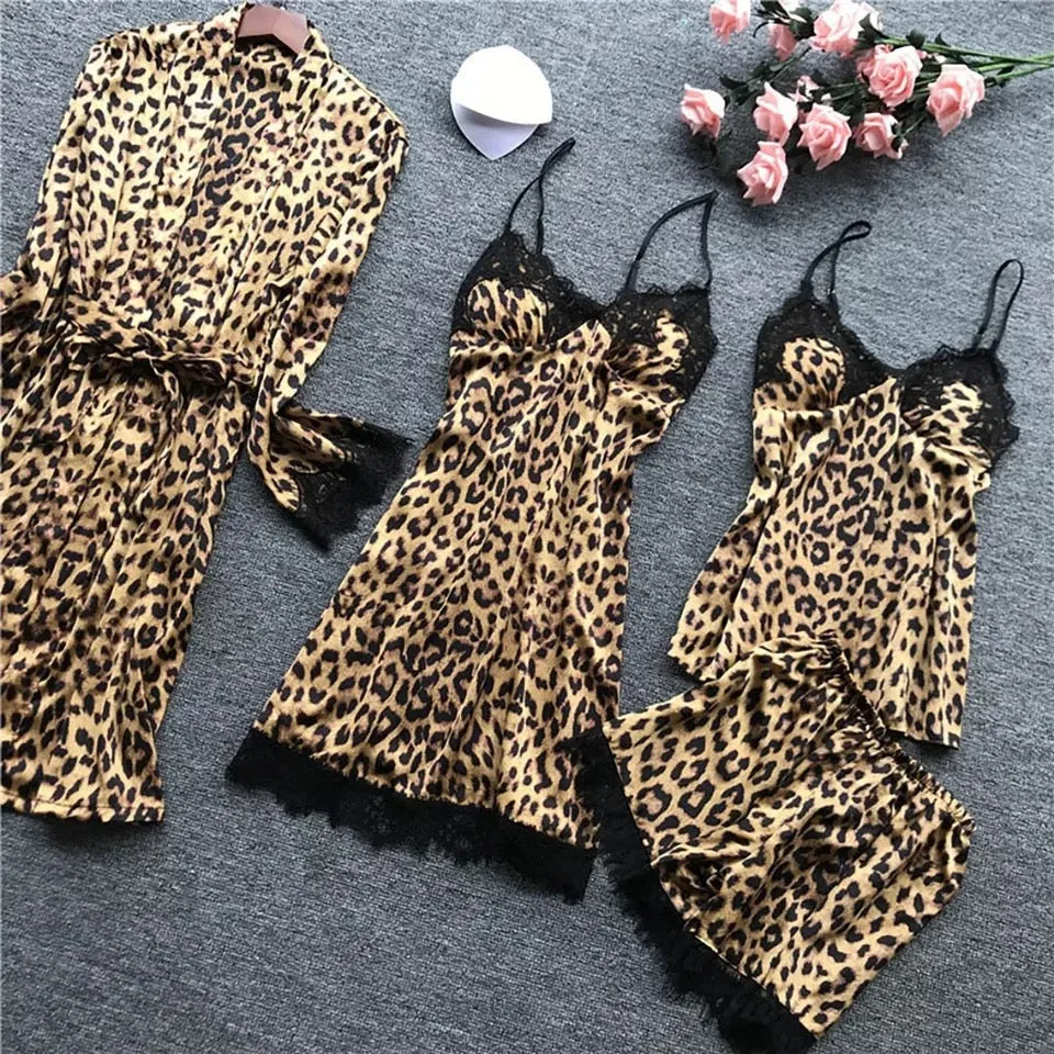 4 Pieces Pajamas Sets Satin Sleepwear Silk Set