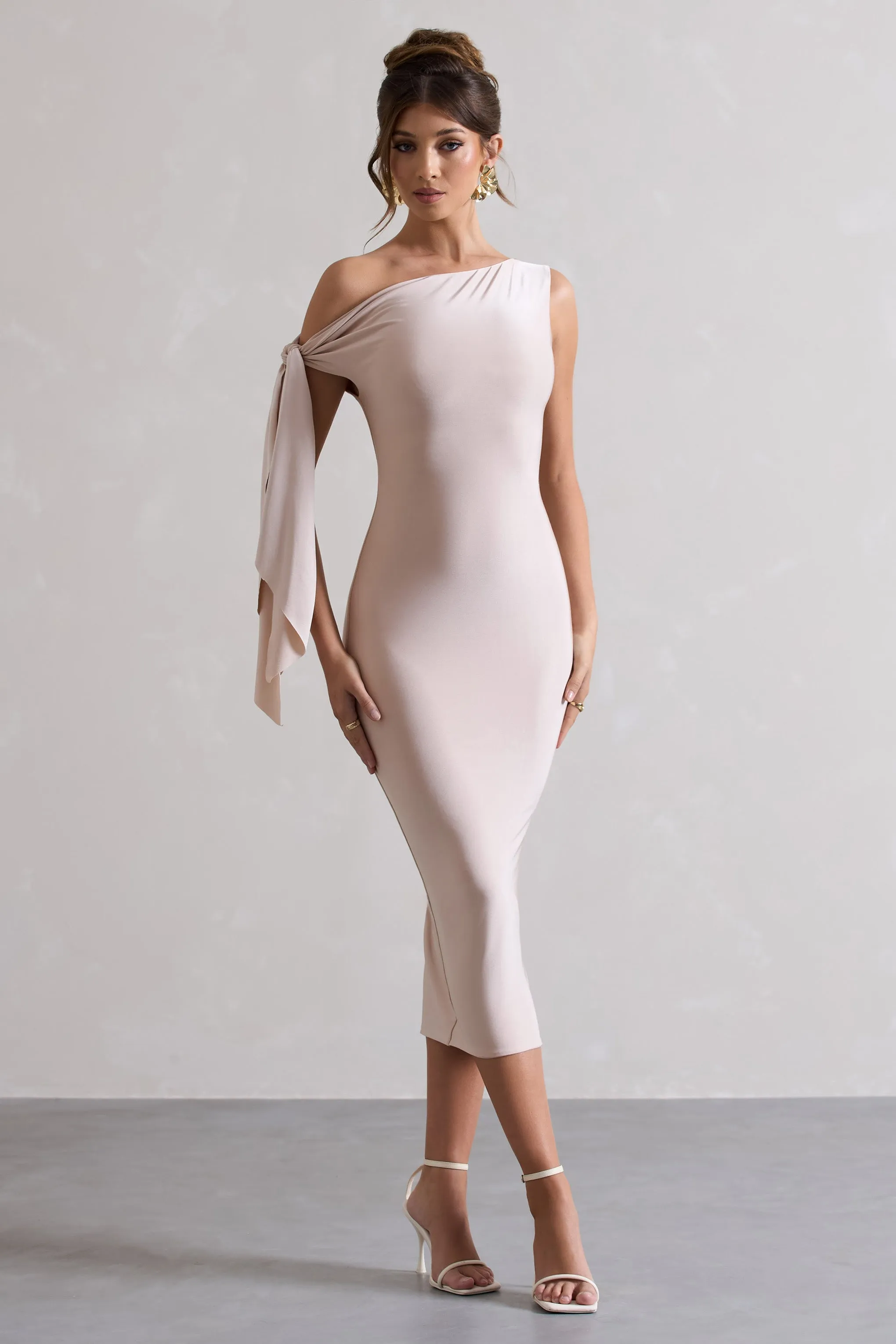 Adapt | Champagne Asymmetric Midi Dress With Tie Sleeve