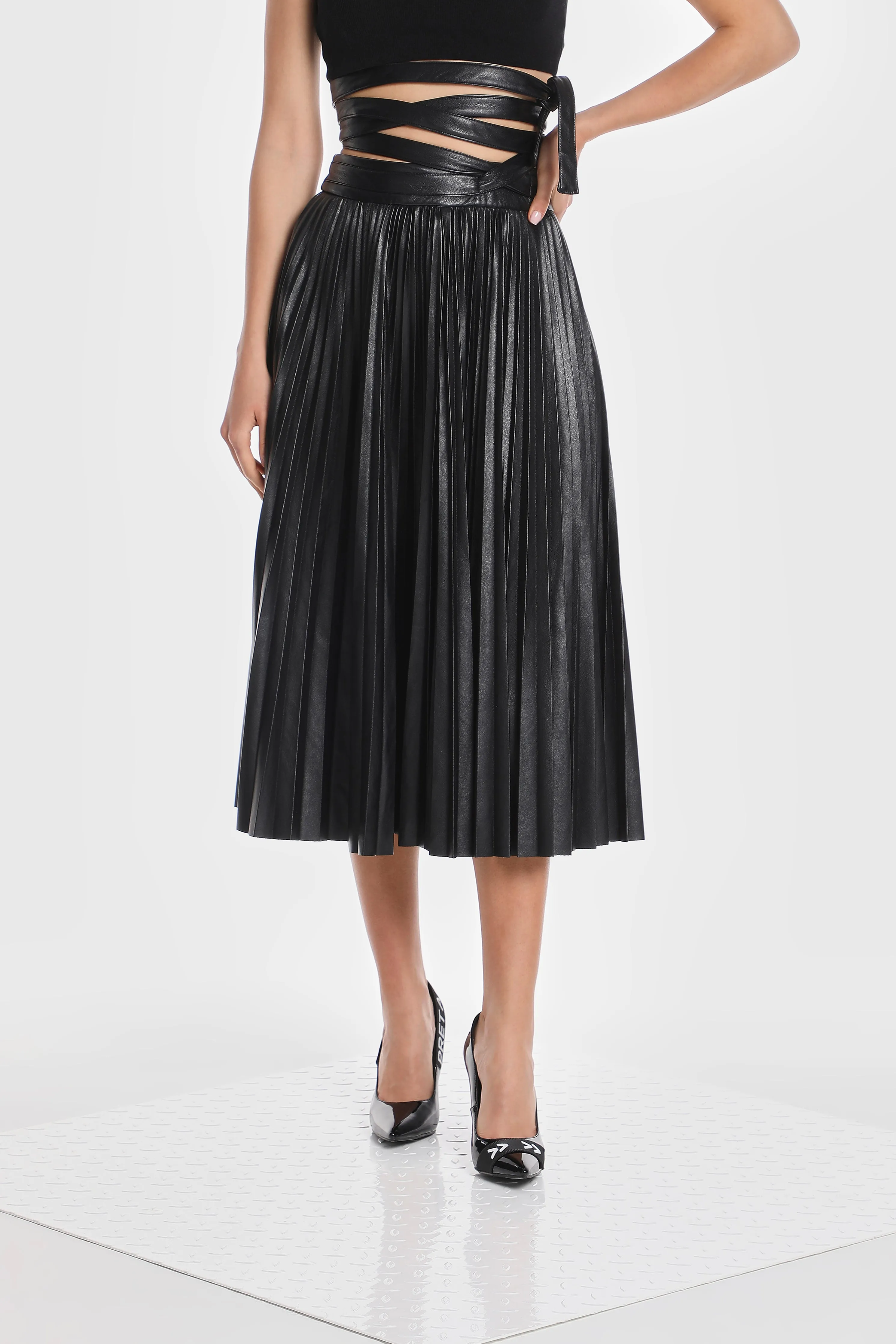 ALLEGRA VEGAN LEATHER PLEATED SKIRT