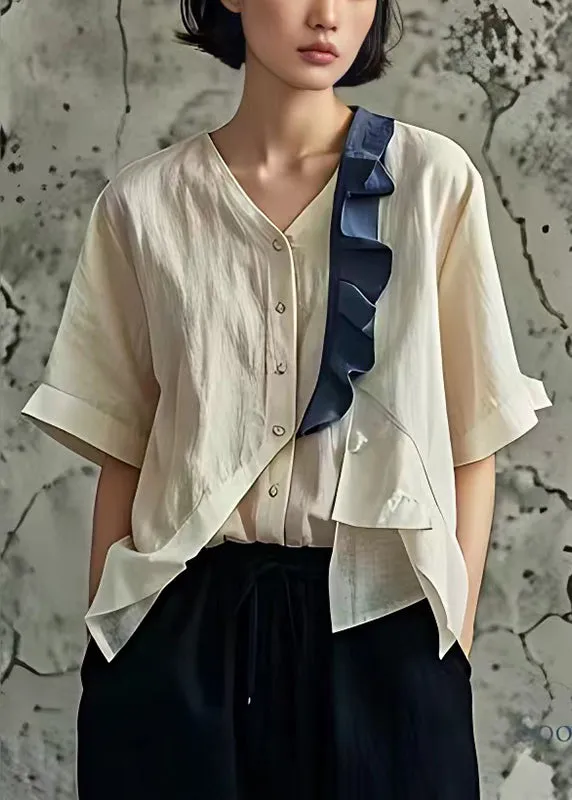 Apricot Patchwork Asymmetrical Design Linen Shirts Ruffled Summer