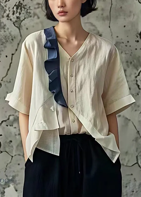 Apricot Patchwork Asymmetrical Design Linen Shirts Ruffled Summer