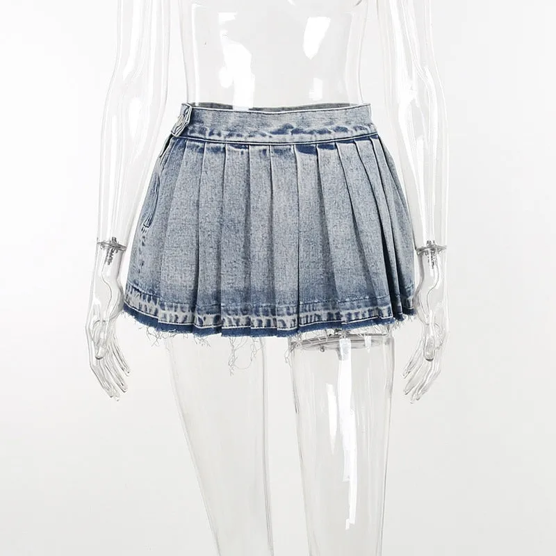 Baddie Pleated Washed Denim Mini Skirt