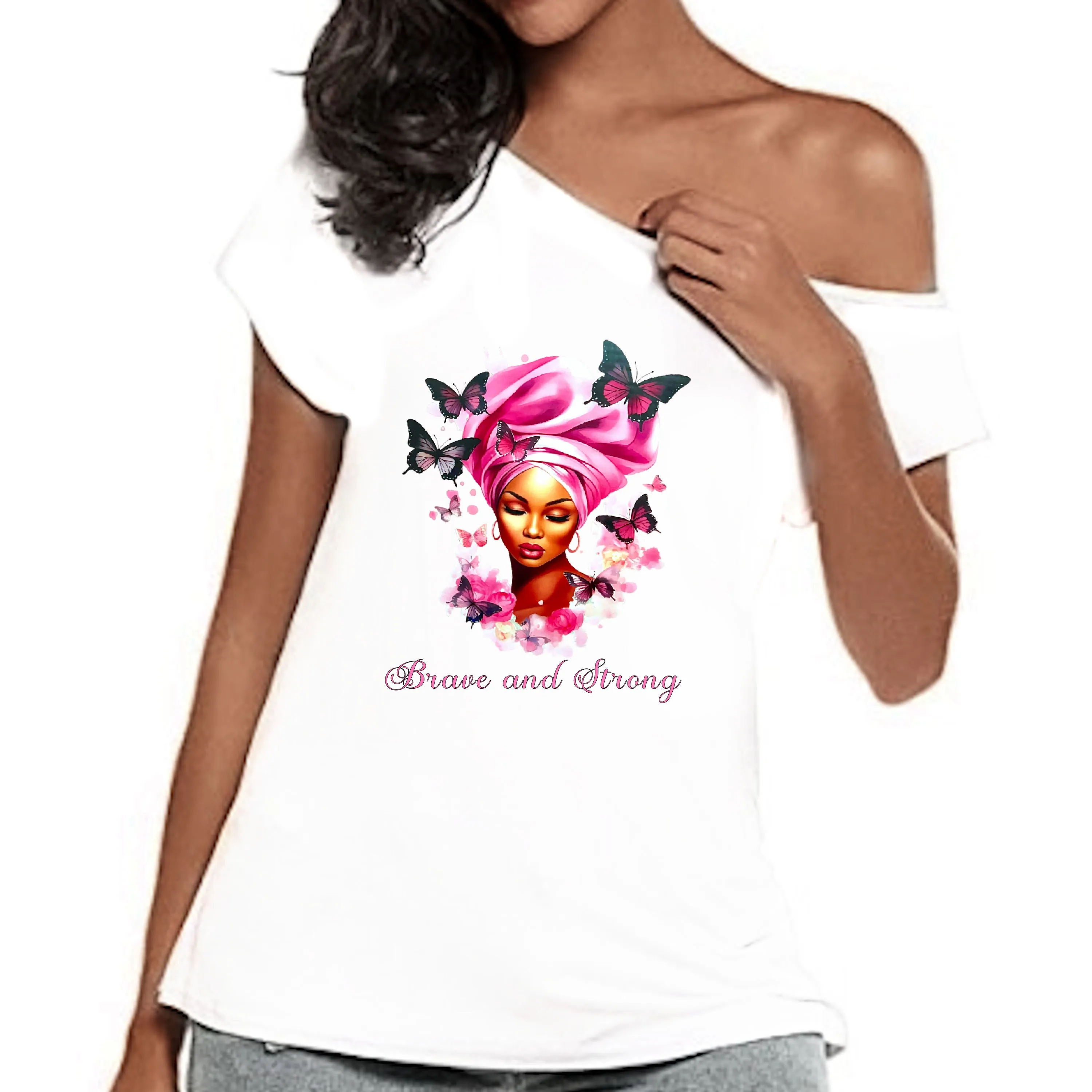 Brave & Strong Breast Cancer Awareness Off Shoulder Tee