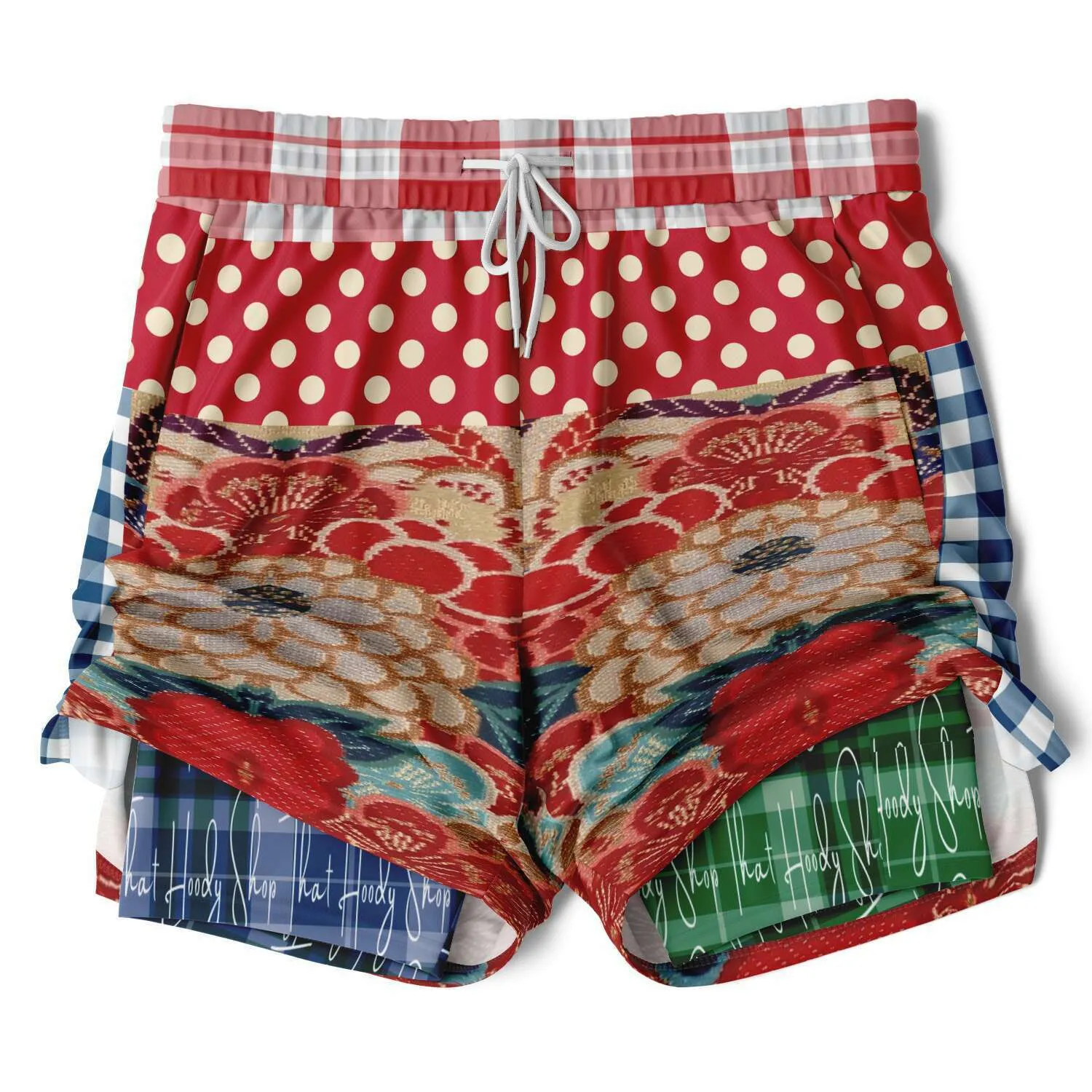 Busan Fleur Floral Plaid Patchwork Compression Activity Shorts