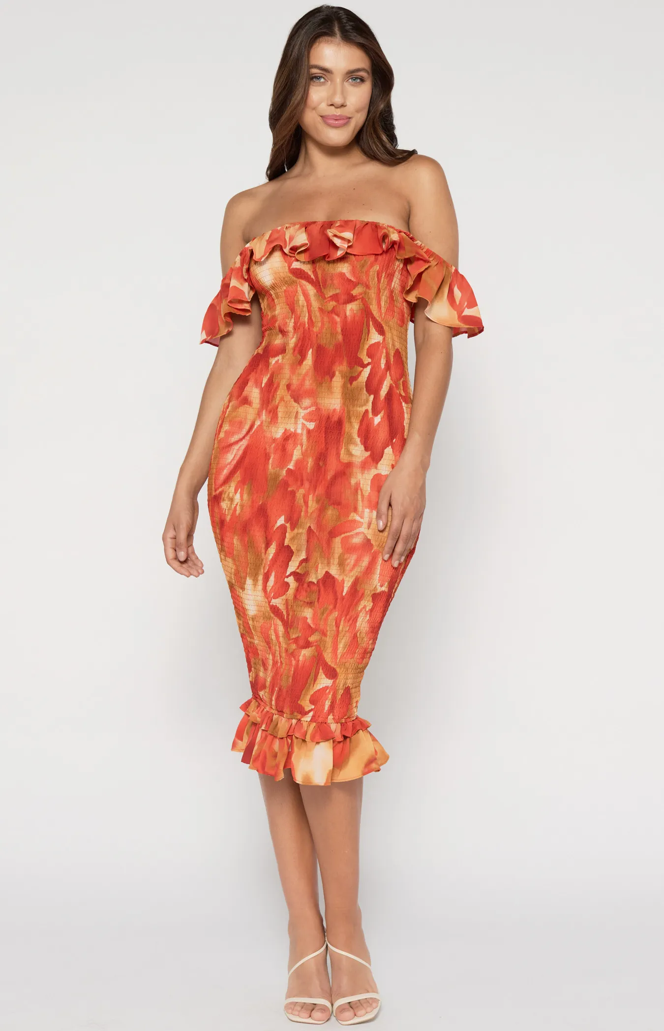 Contrast Floral Two Way Sleeve Shirred Midi Dress with Ruffle Detailed Hem (SDR1318A)