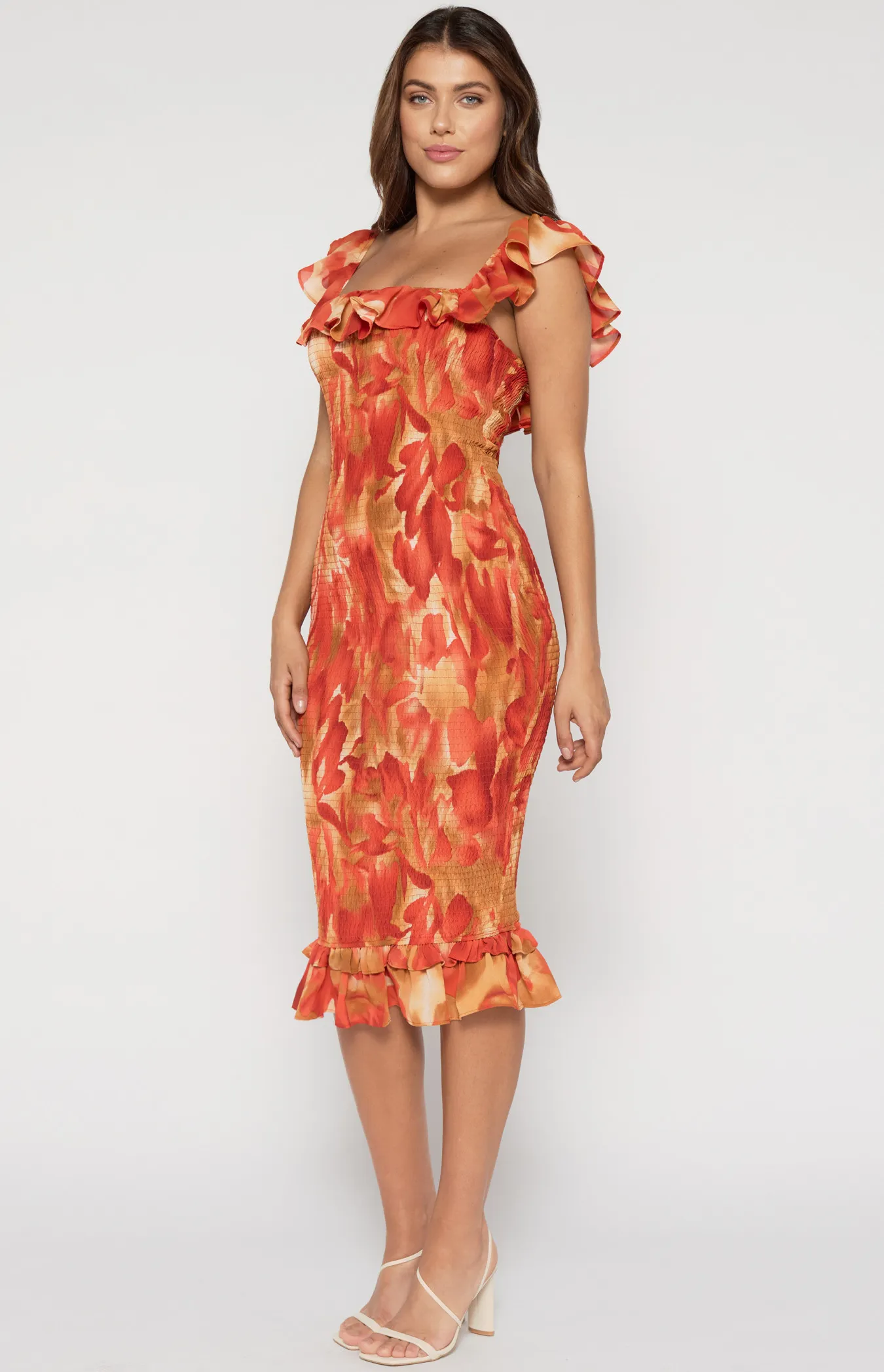 Contrast Floral Two Way Sleeve Shirred Midi Dress with Ruffle Detailed Hem (SDR1318A)