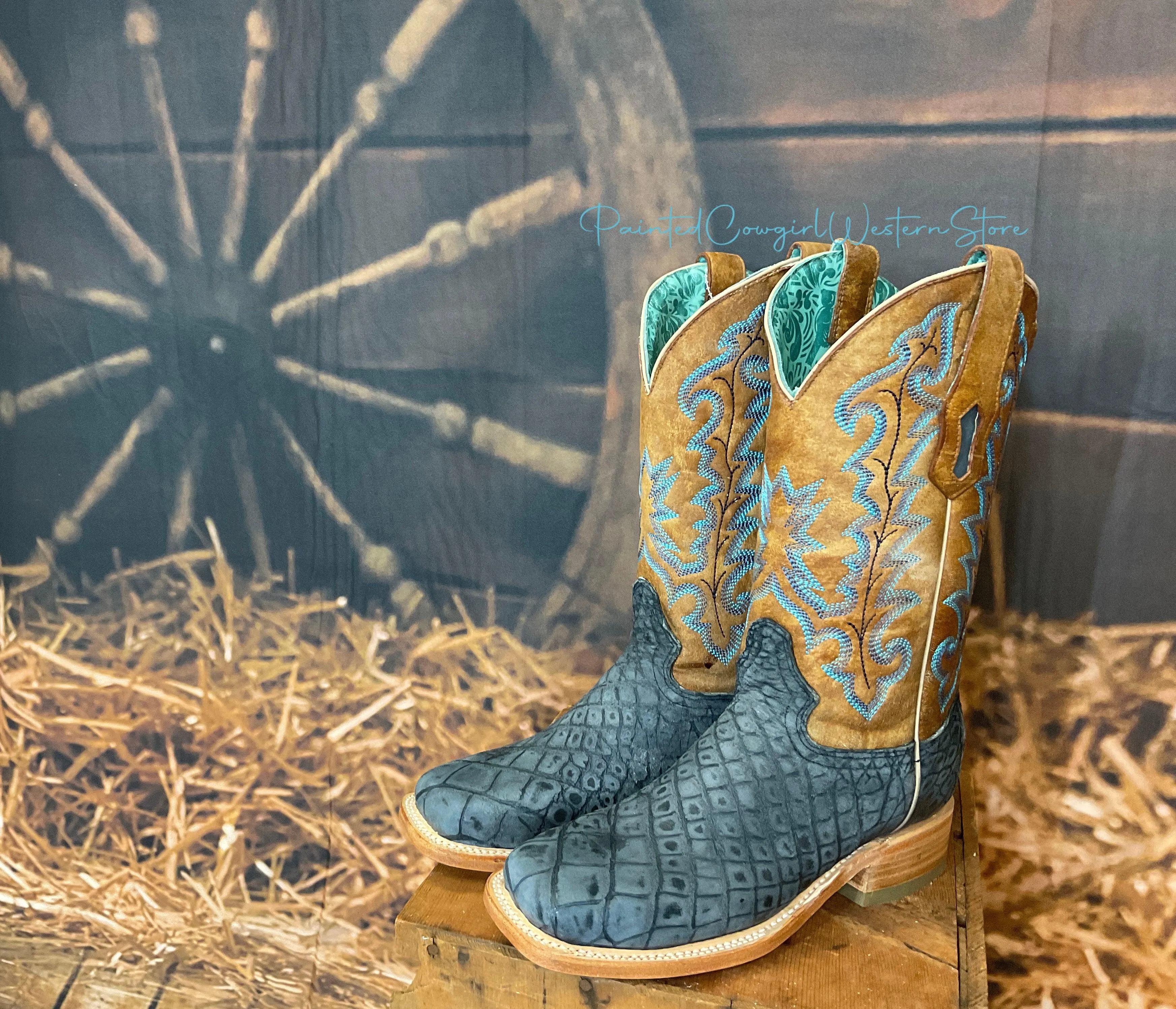 Corral Women’s Sand & Blue Alligator Square Toe Cowgirl Boots A4199