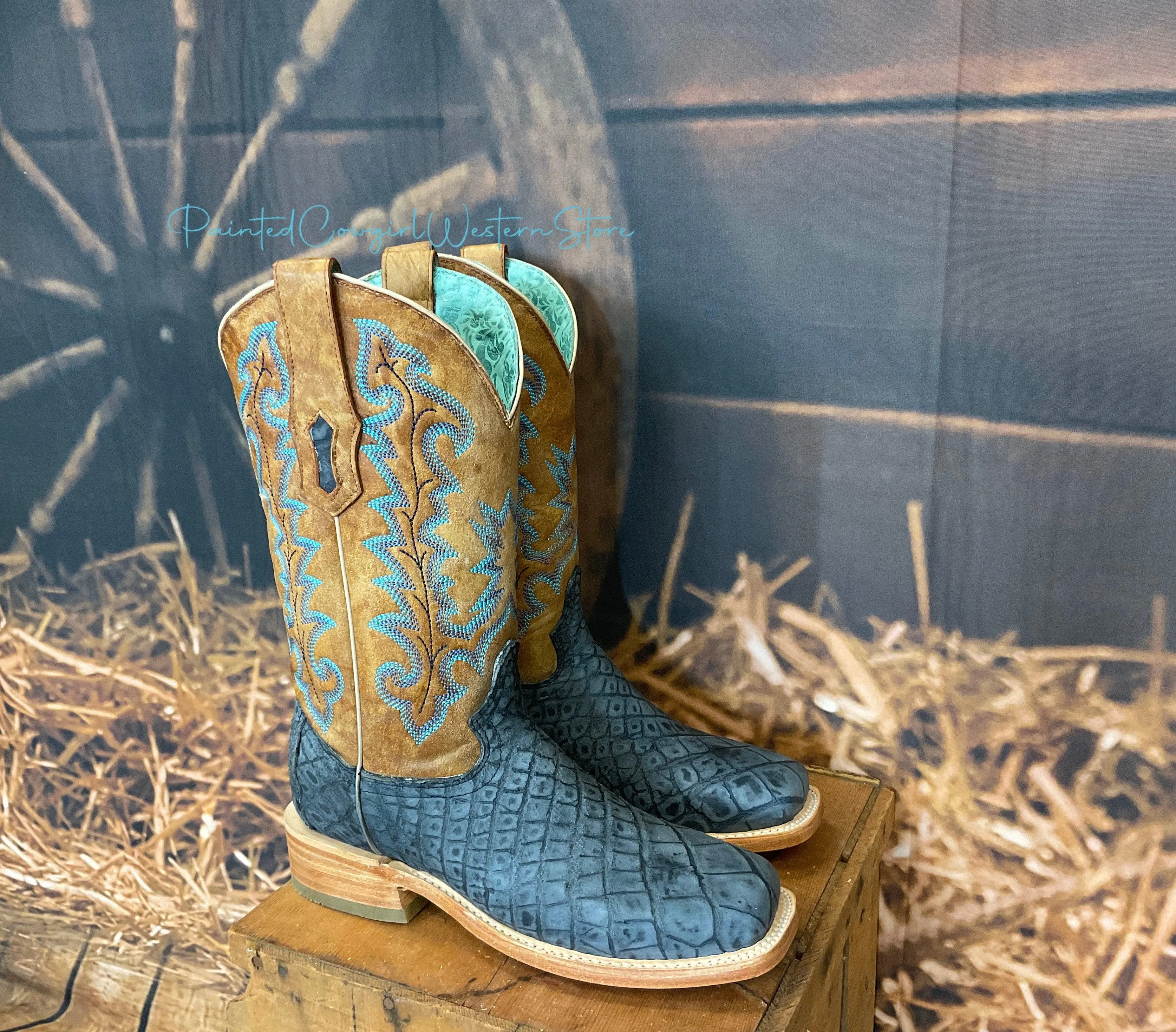 Corral Women’s Sand & Blue Alligator Square Toe Cowgirl Boots A4199