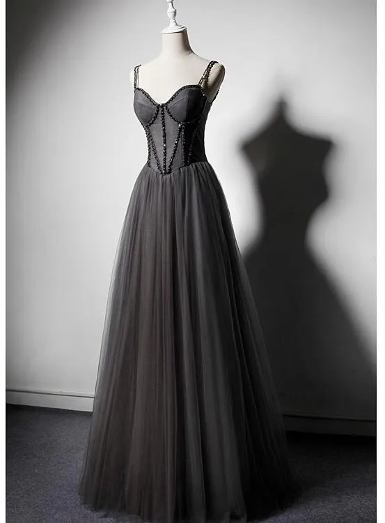 Dark Grey Tulle Straps Long Beaded Party Dress, Grey Long Formal Dresses