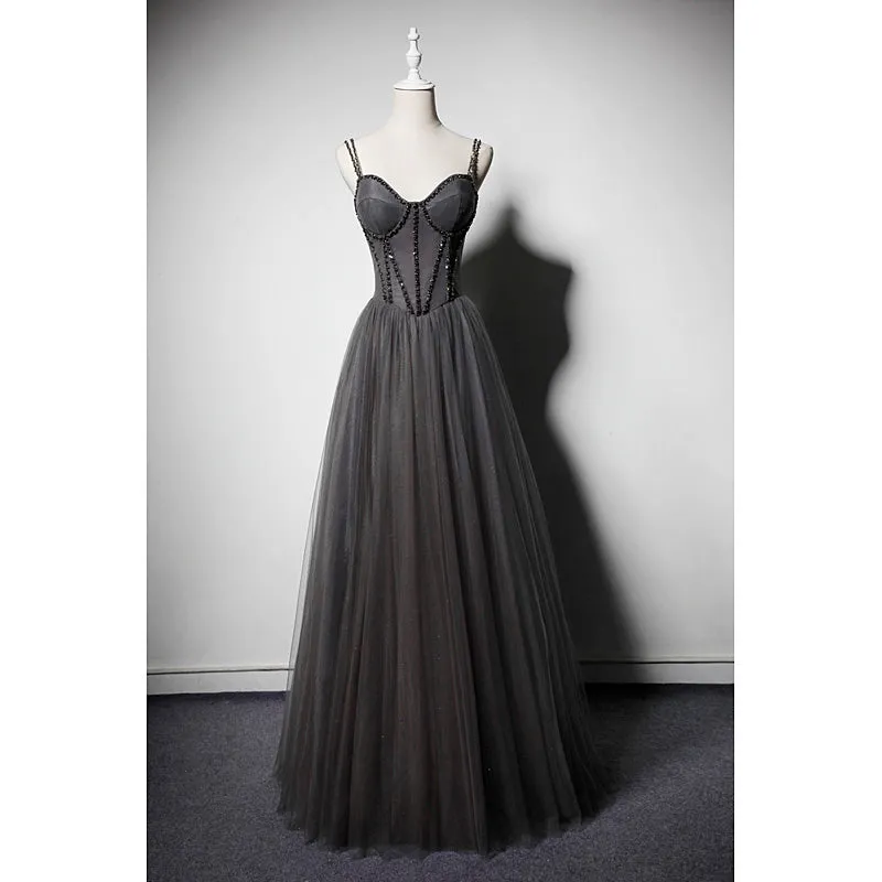 Dark Grey Tulle Straps Long Beaded Party Dress, Grey Long Formal Dresses