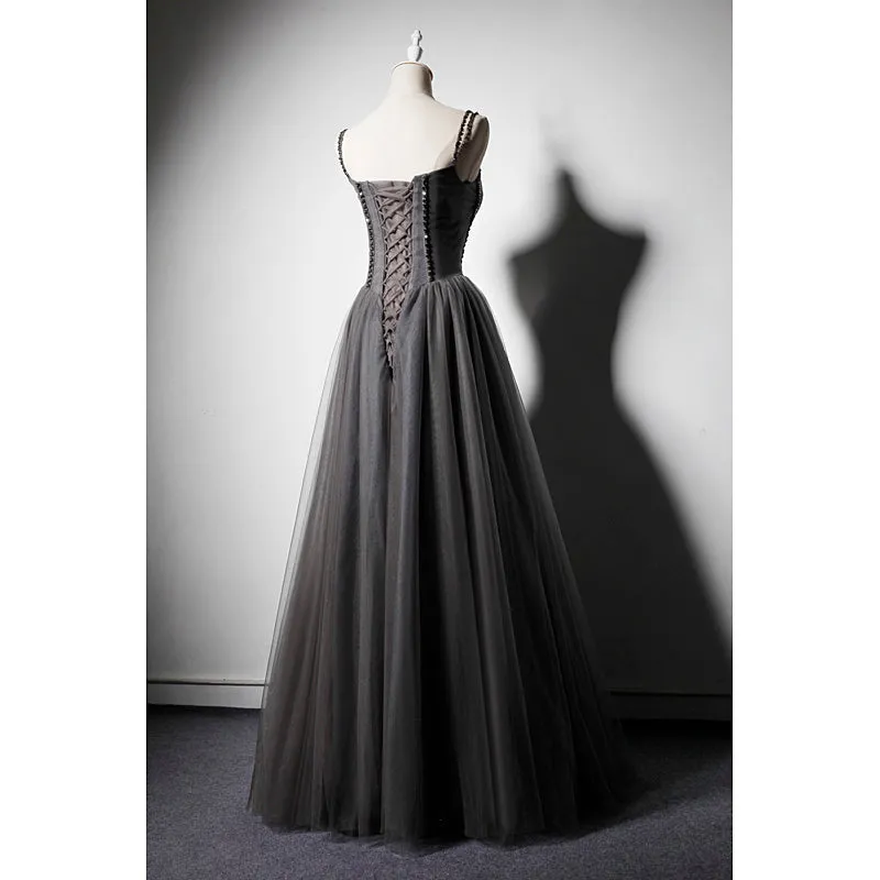 Dark Grey Tulle Straps Long Beaded Party Dress, Grey Long Formal Dresses