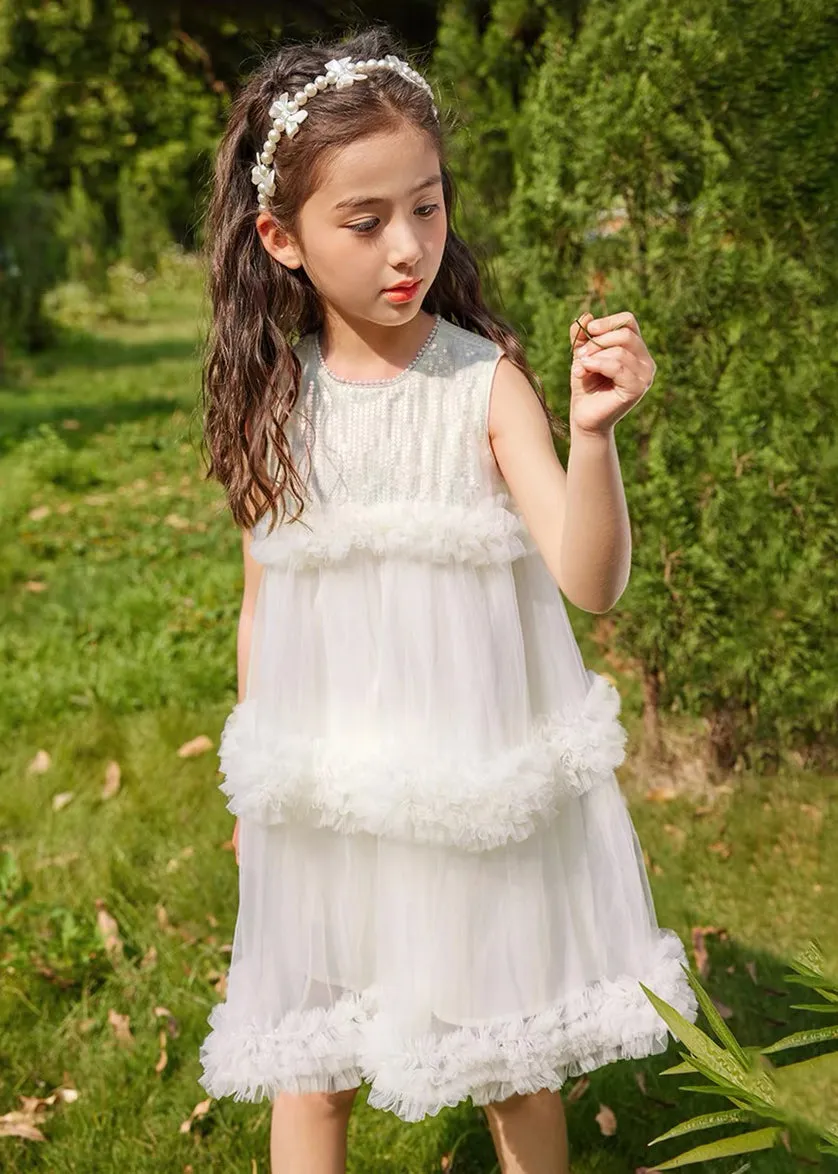 Fashion Beige O-Neck Patchwork Tulle Kids Mid Dresses Summer