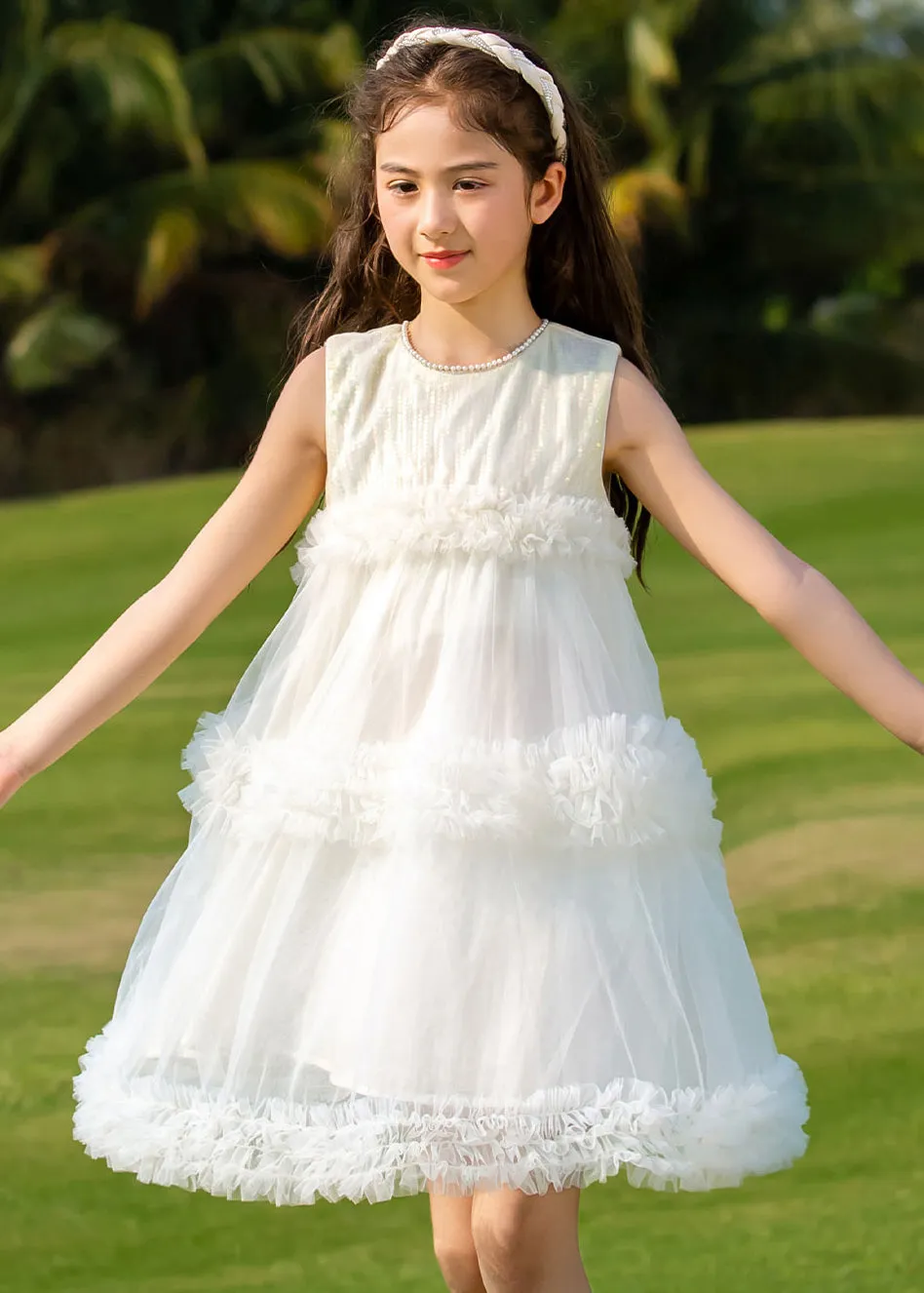 Fashion Beige O-Neck Patchwork Tulle Kids Mid Dresses Summer