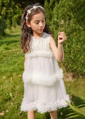 Fashion Beige O-Neck Patchwork Tulle Kids Mid Dresses Summer