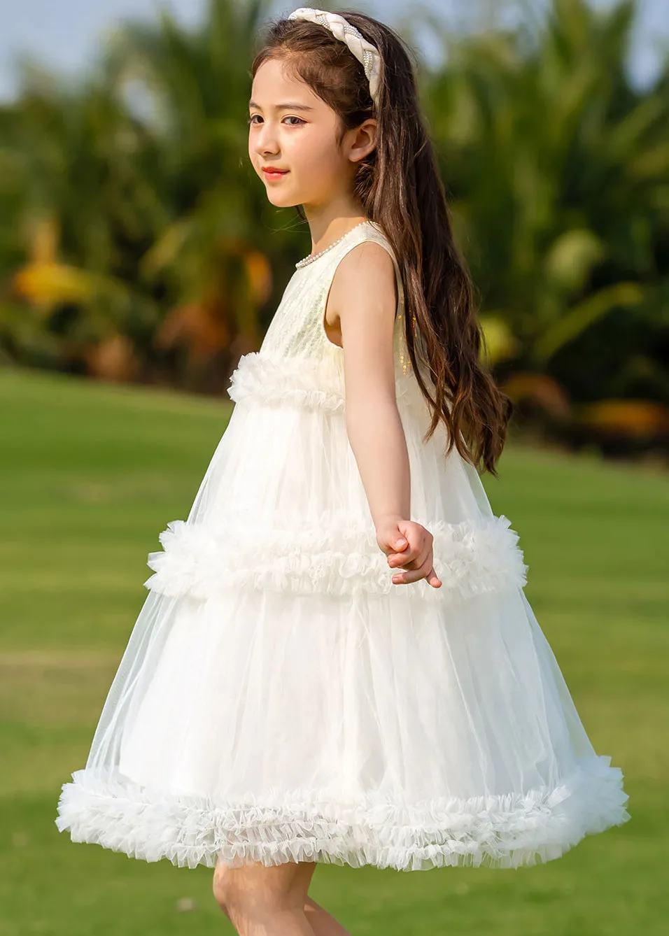 Fashion Beige O-Neck Patchwork Tulle Kids Mid Dresses Summer