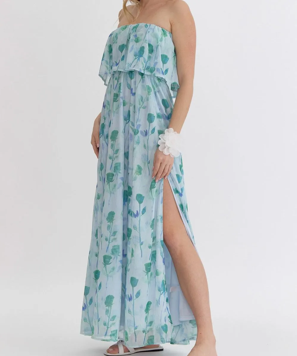 Floral Strapless Maxi Dress - Green Multi