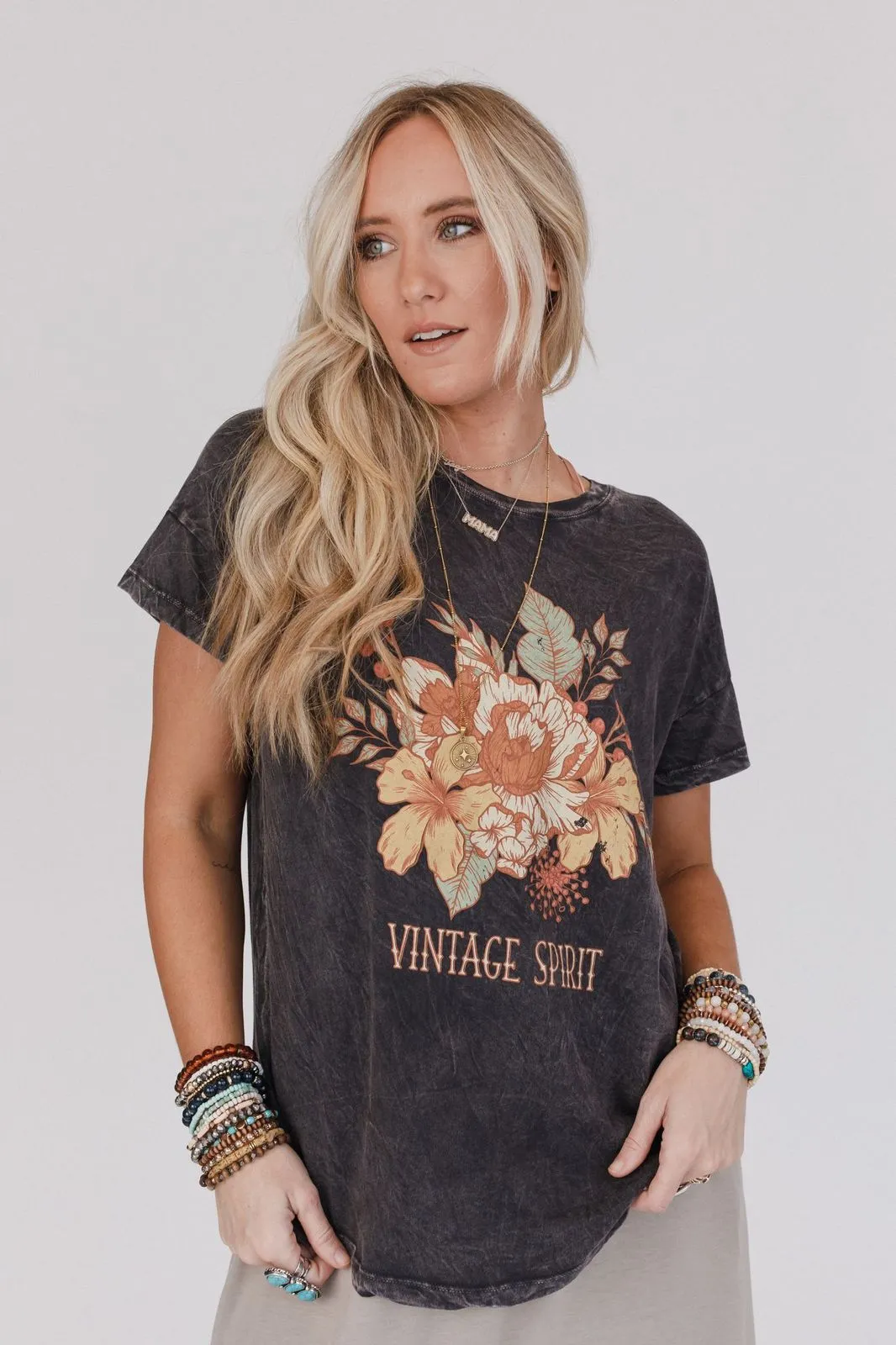 Floral Vintage Spirit Graphic Tee - Charcoal