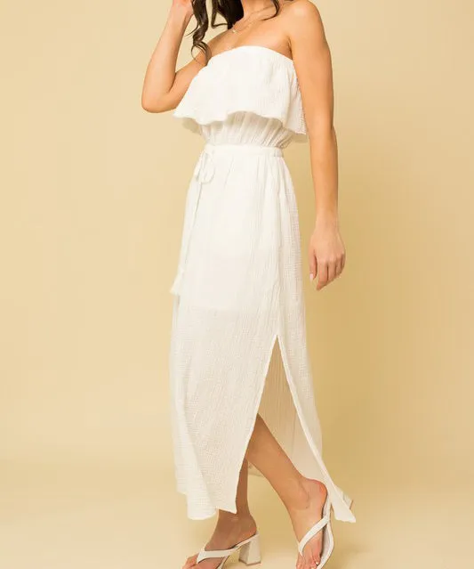 Frayed Ruffle Tube Maxi Dress - White