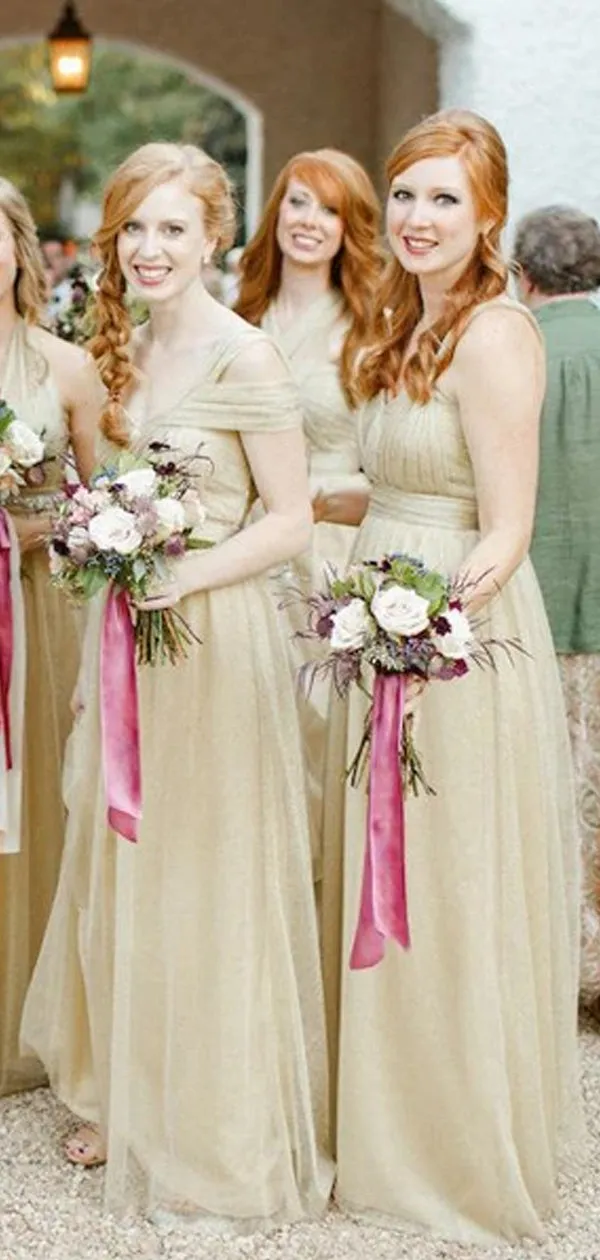 Gold Tulle Convertible Sleeveless Sweetheart Elegant  Long A-line Bridesmaid Dresses, WG200