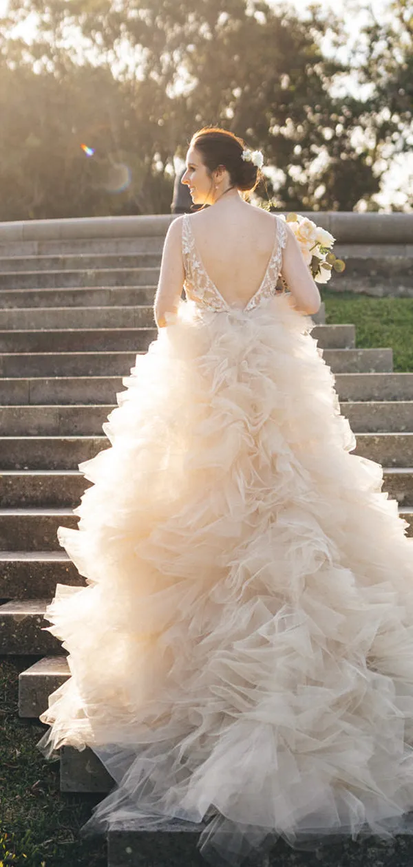 Gorgeous Lace V-neck Ruffles Tulle Ball Gown Wedding Dresses,DB0163