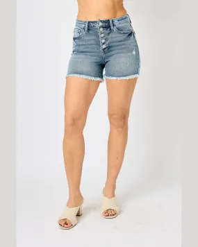 High Waist Button Fly Destroy Hi-Lo Hem Shorts