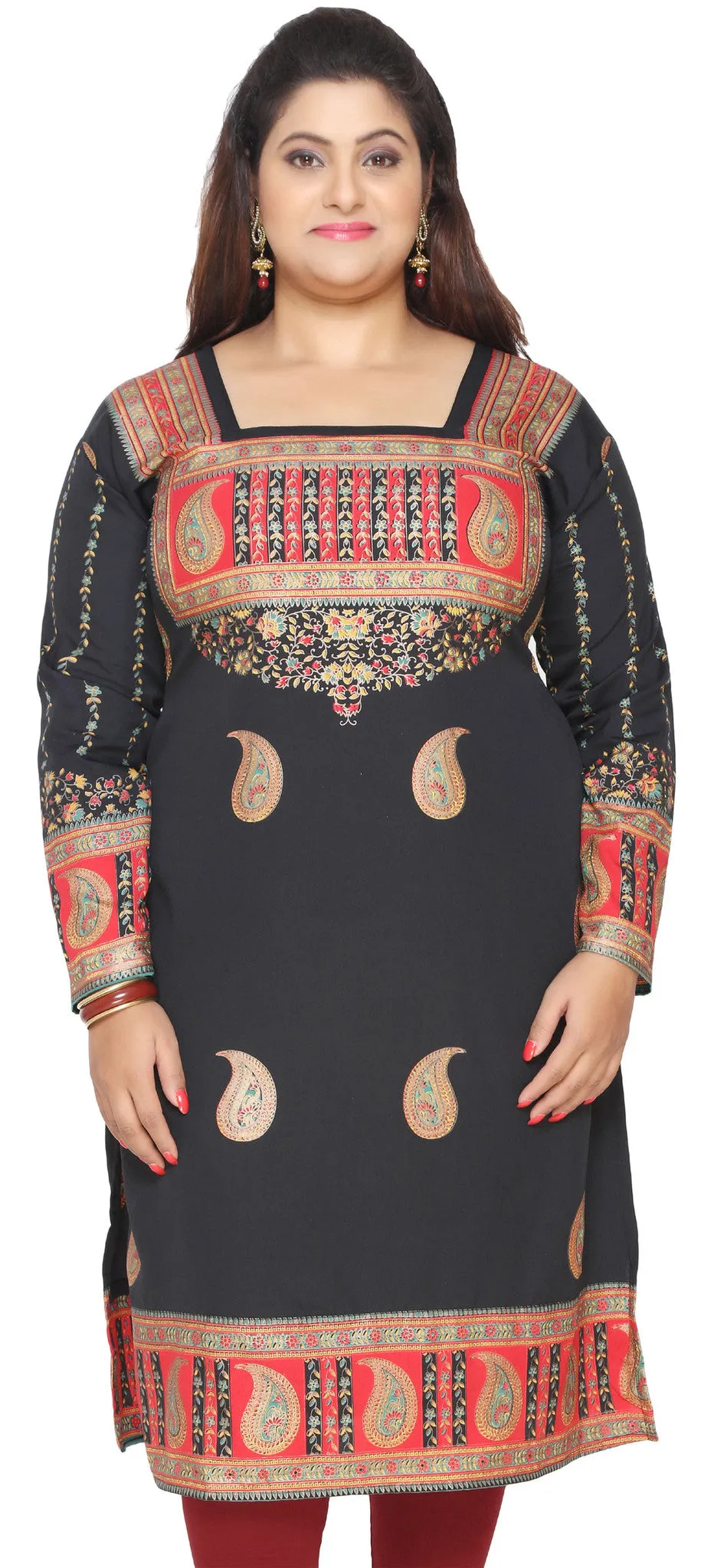 India Tunic Long Top Kurti Womens Plus Size Clothes (Black)