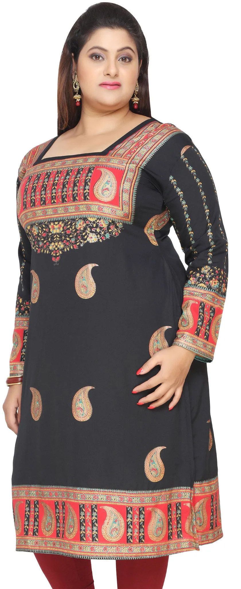 India Tunic Long Top Kurti Womens Plus Size Clothes (Black)