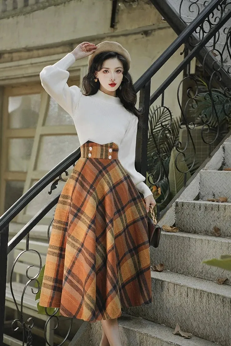 Katelyn Dark Academia Wool A-line High Waist Plaid Midi Skirt