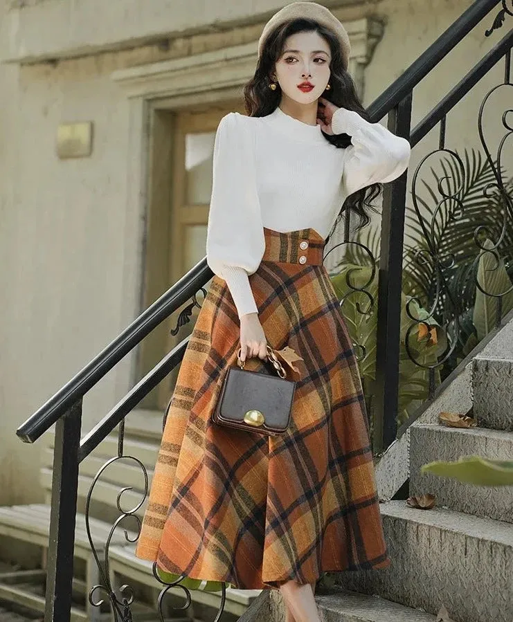 Katelyn Dark Academia Wool A-line High Waist Plaid Midi Skirt