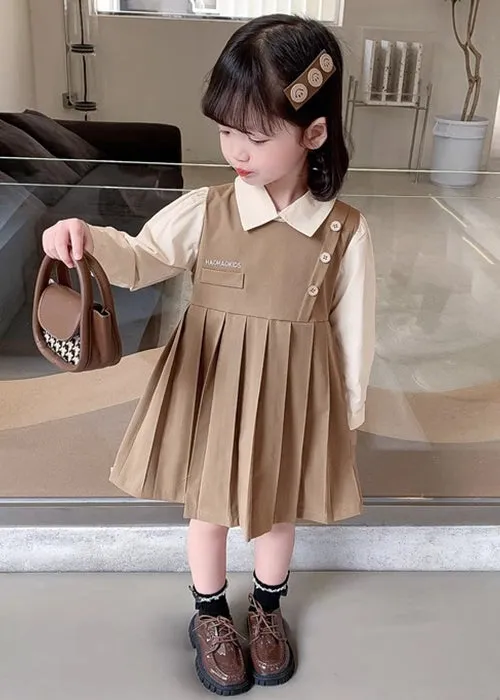 Khaki Patchwork Cotton Girls Dresses Peter Pan Collar Long Sleeve