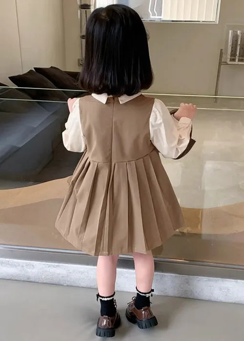 Khaki Patchwork Cotton Girls Dresses Peter Pan Collar Long Sleeve