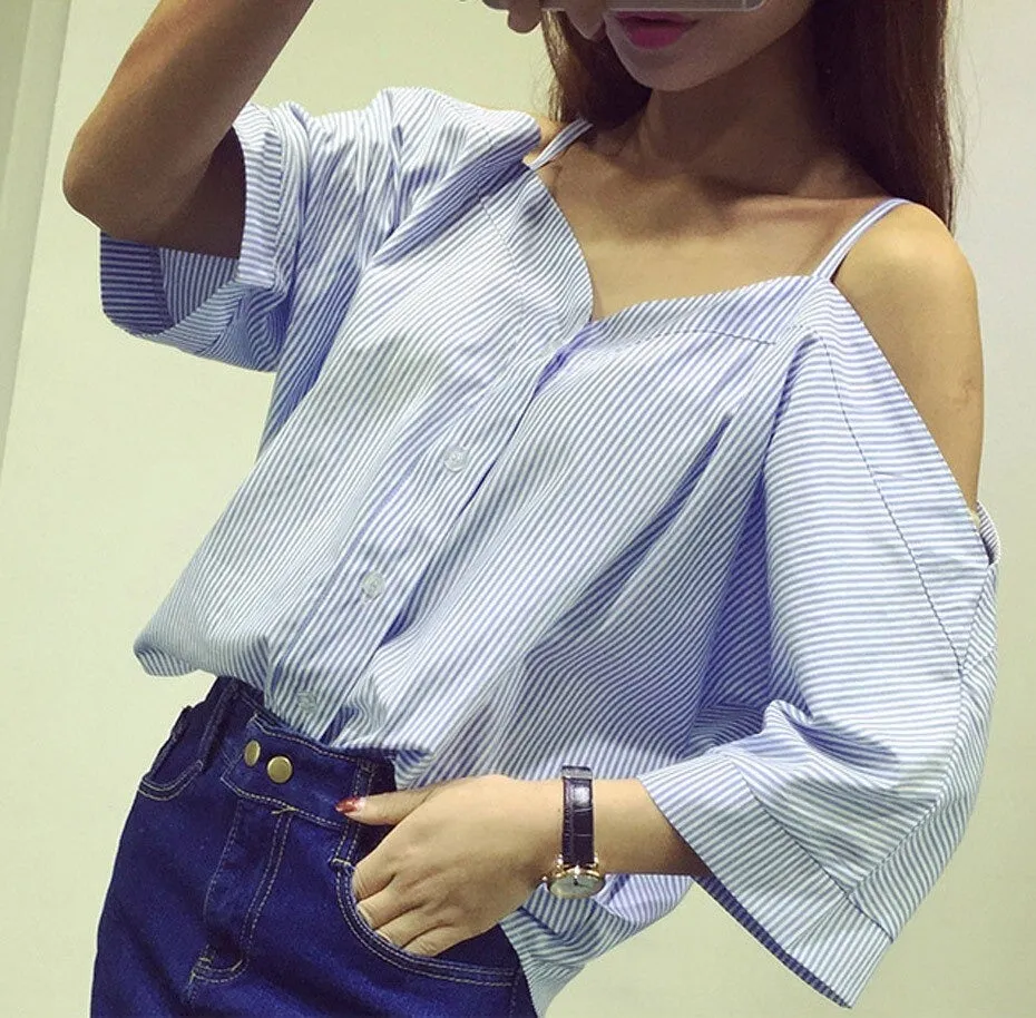 Korean Style Sweet Off Shoulder Women’s Striped Slash Neck Summer Blouse