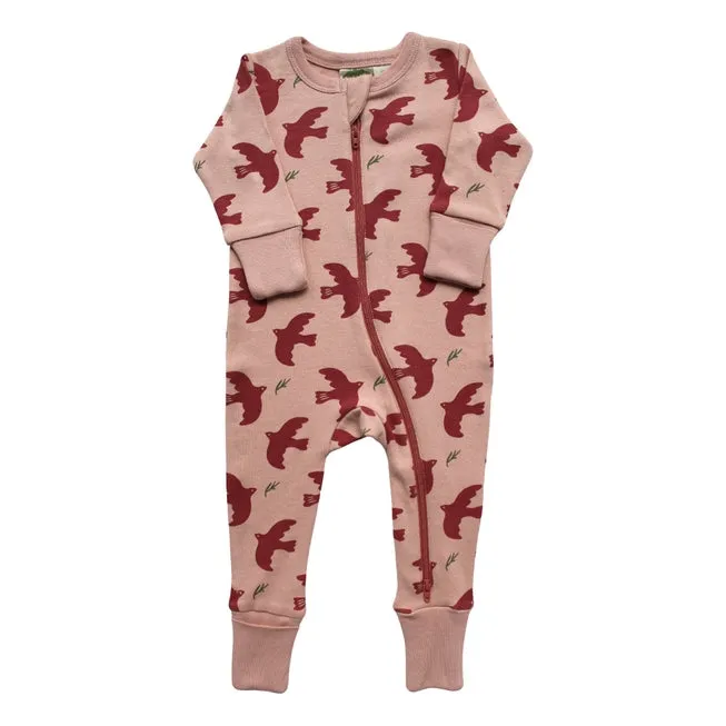 Long Sleeve Zip Romper - Pink Doves