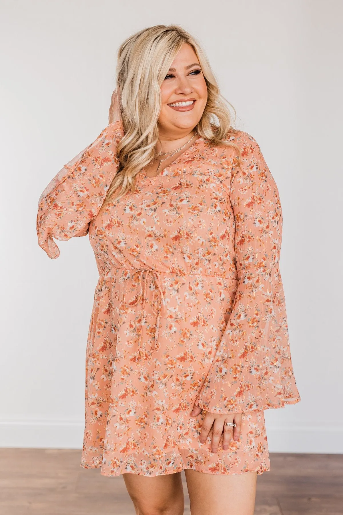 Loveliest Smiles Long Sleeve Dress- Peach