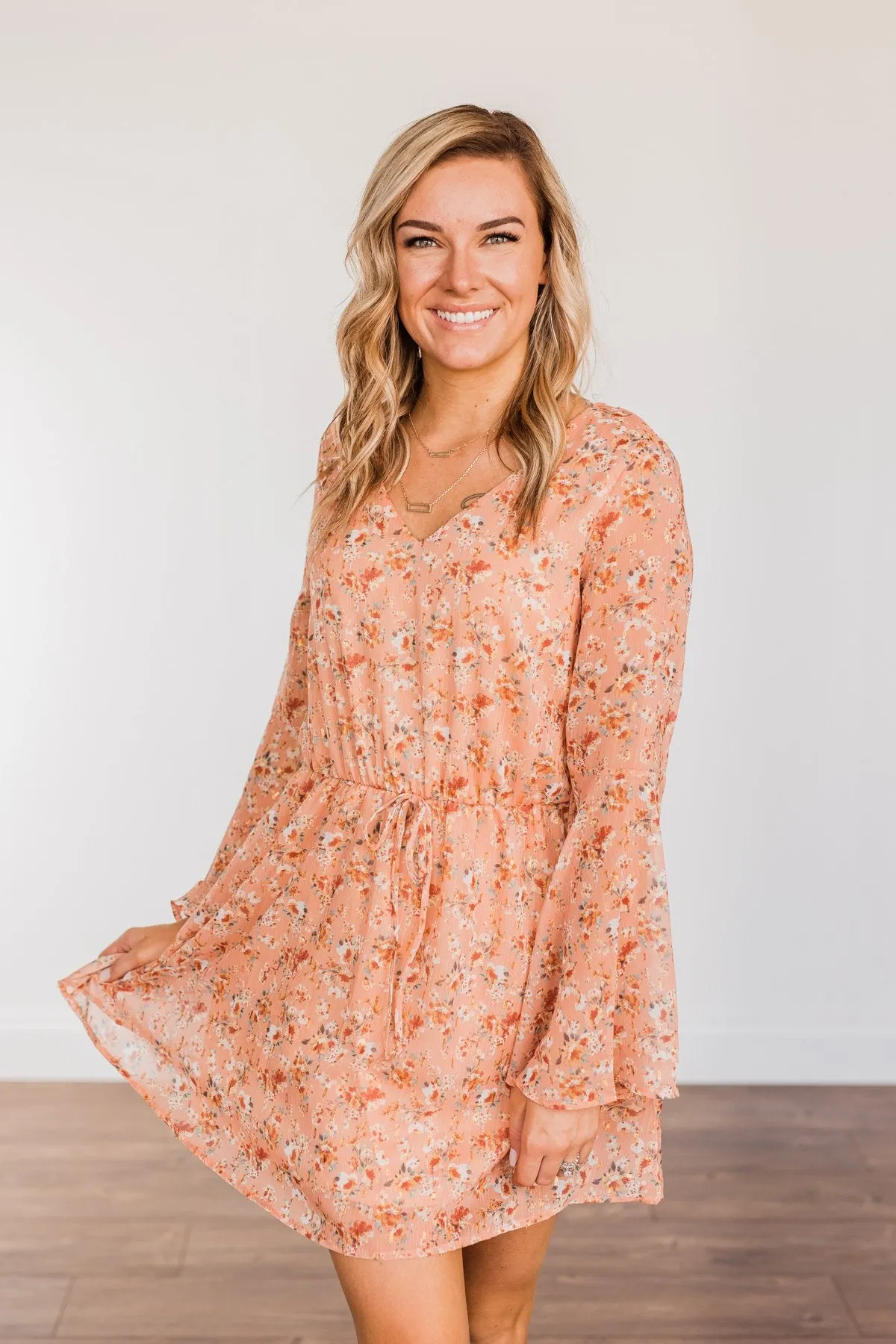 Loveliest Smiles Long Sleeve Dress- Peach