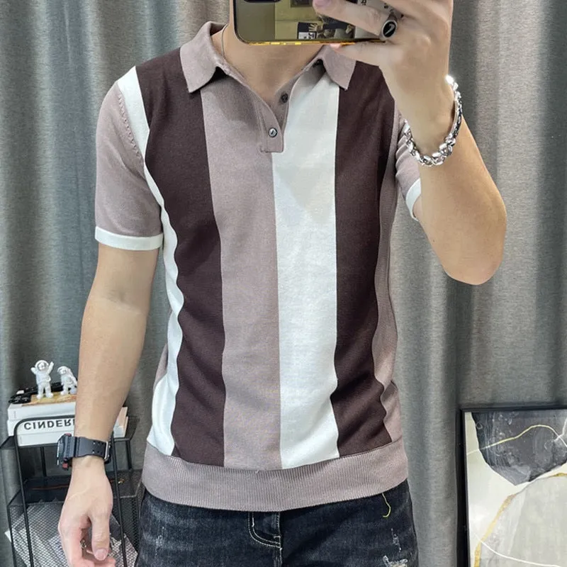 Men's Korean Contrast Striped Slim Fit Knitted Short Sleeve Polo Shirt