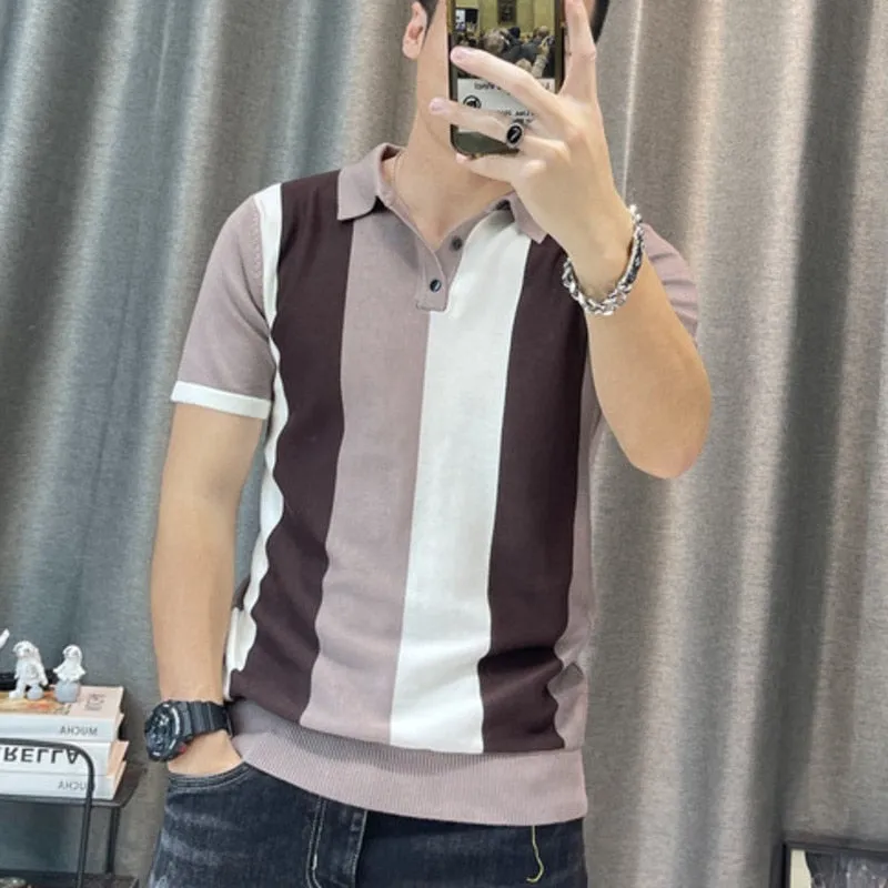 Men's Korean Contrast Striped Slim Fit Knitted Short Sleeve Polo Shirt