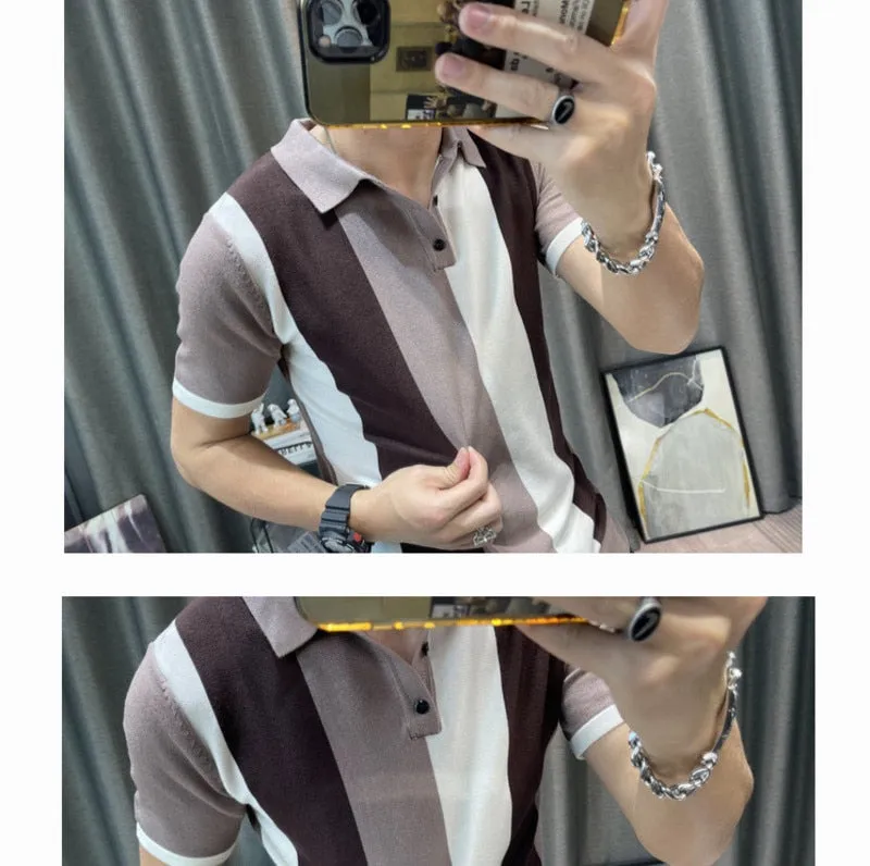 Men's Korean Contrast Striped Slim Fit Knitted Short Sleeve Polo Shirt