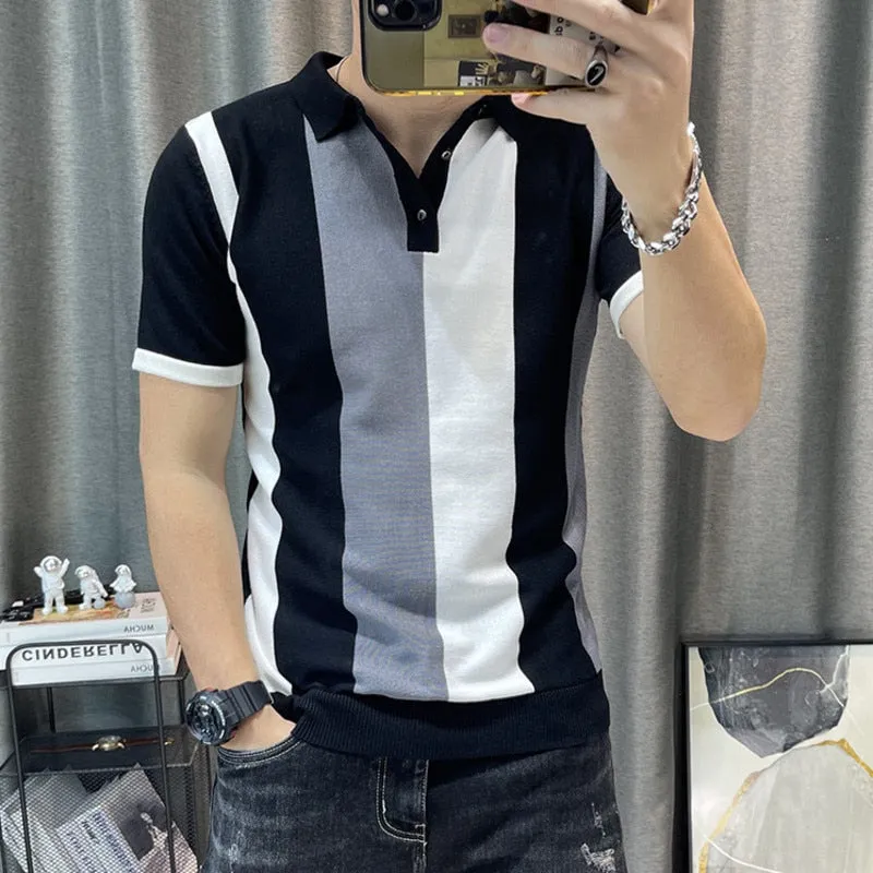 Men's Korean Contrast Striped Slim Fit Knitted Short Sleeve Polo Shirt