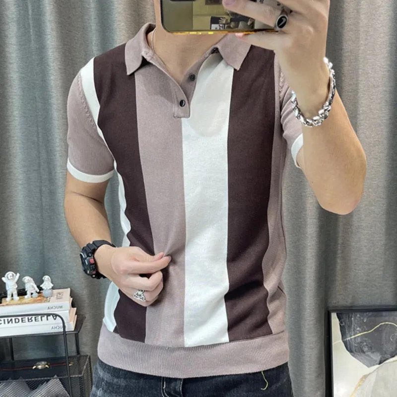 Men's Korean Contrast Striped Slim Fit Knitted Short Sleeve Polo Shirt