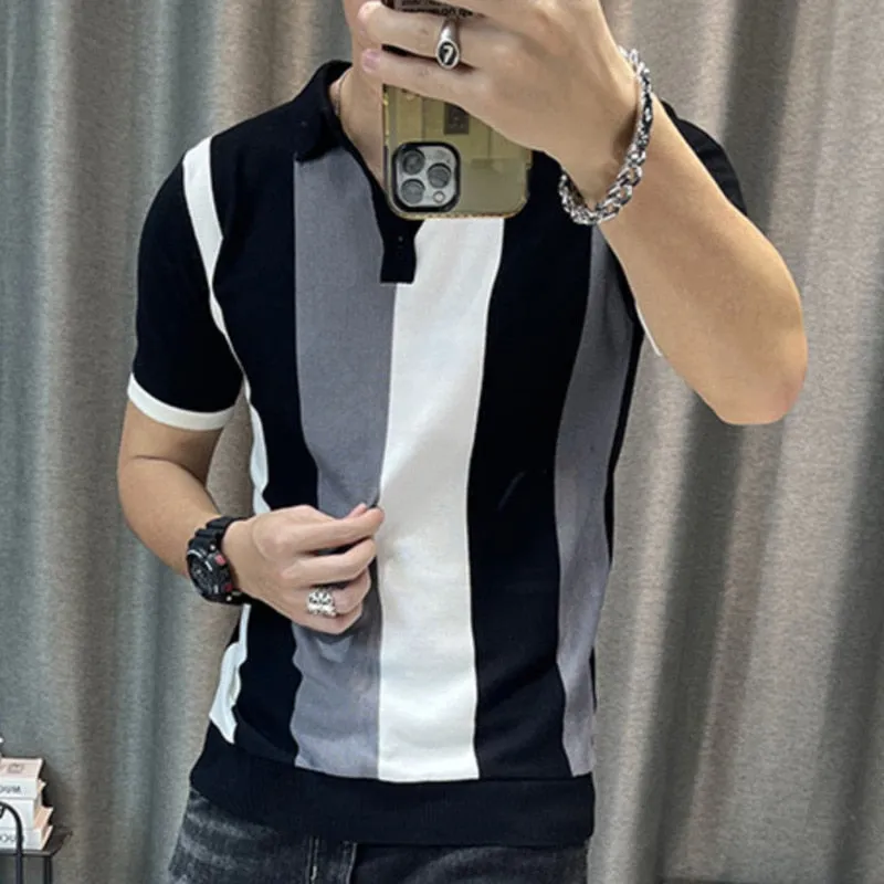 Men's Korean Contrast Striped Slim Fit Knitted Short Sleeve Polo Shirt