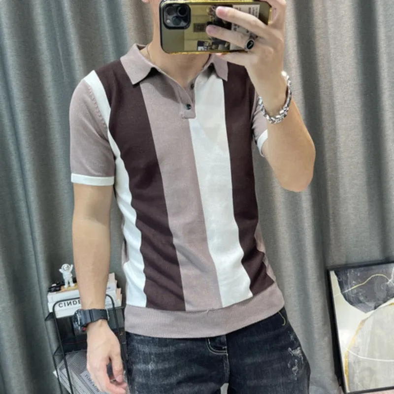 Men's Korean Contrast Striped Slim Fit Knitted Short Sleeve Polo Shirt