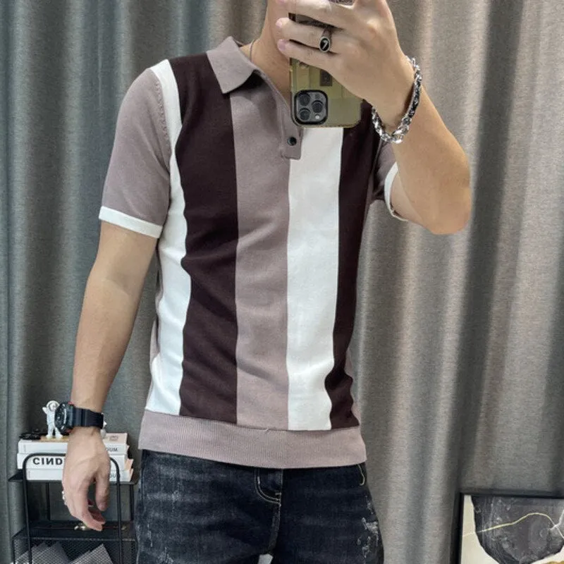 Men's Korean Contrast Striped Slim Fit Knitted Short Sleeve Polo Shirt