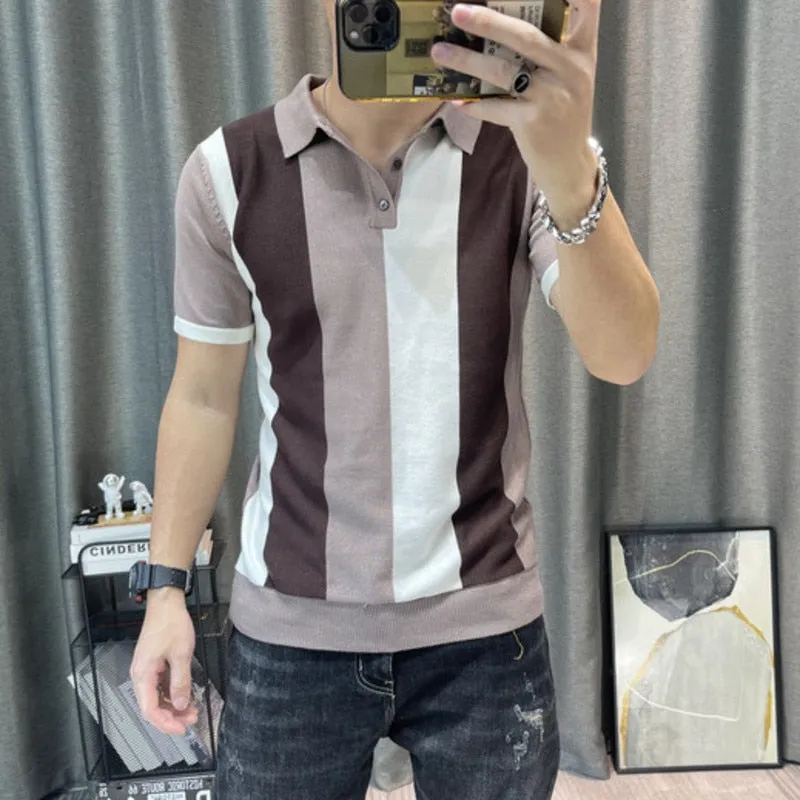 Men's Korean Contrast Striped Slim Fit Knitted Short Sleeve Polo Shirt