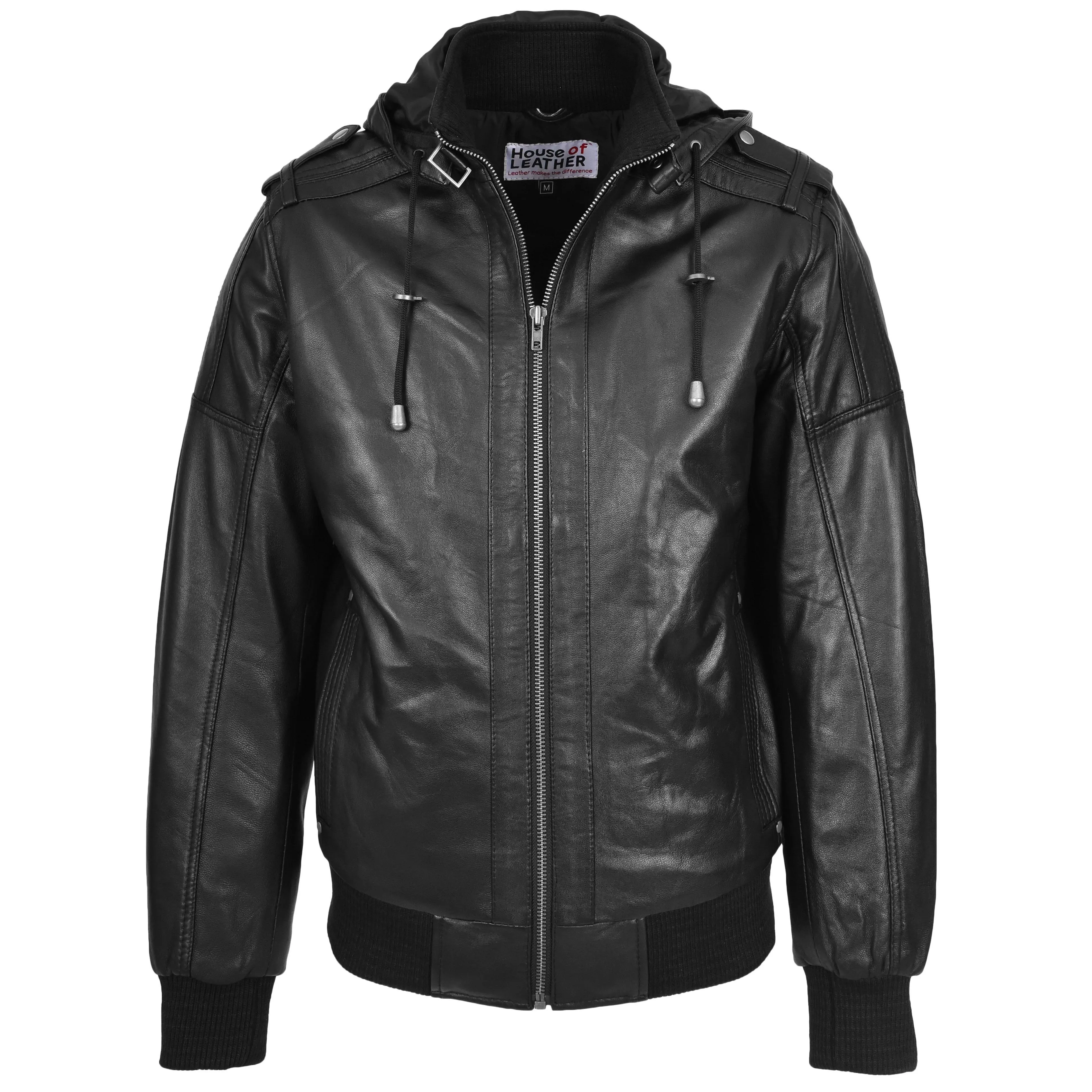 Mens Real Leather Bomber Jacket Trendy Removable Hood Style Reggie Black