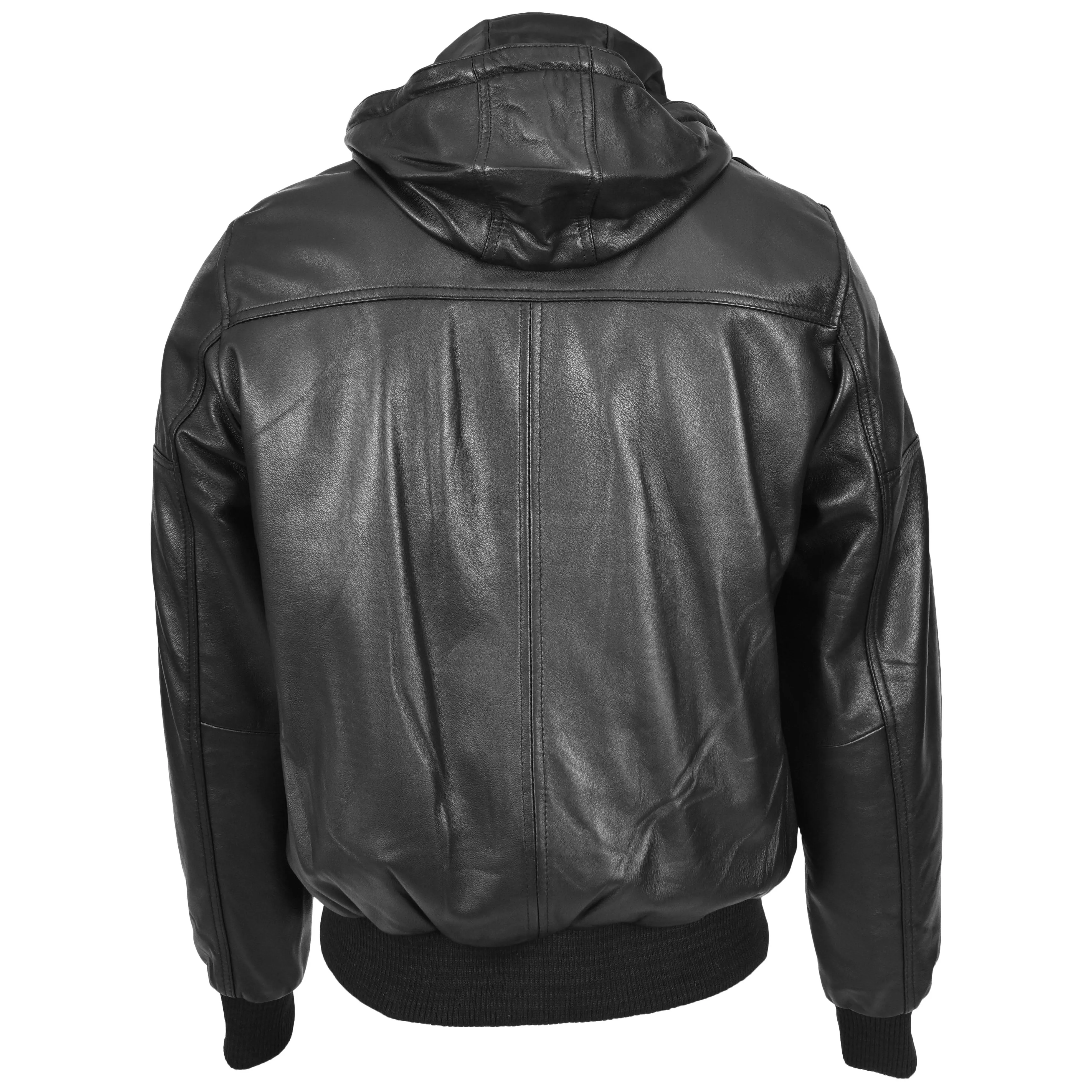 Mens Real Leather Bomber Jacket Trendy Removable Hood Style Reggie Black