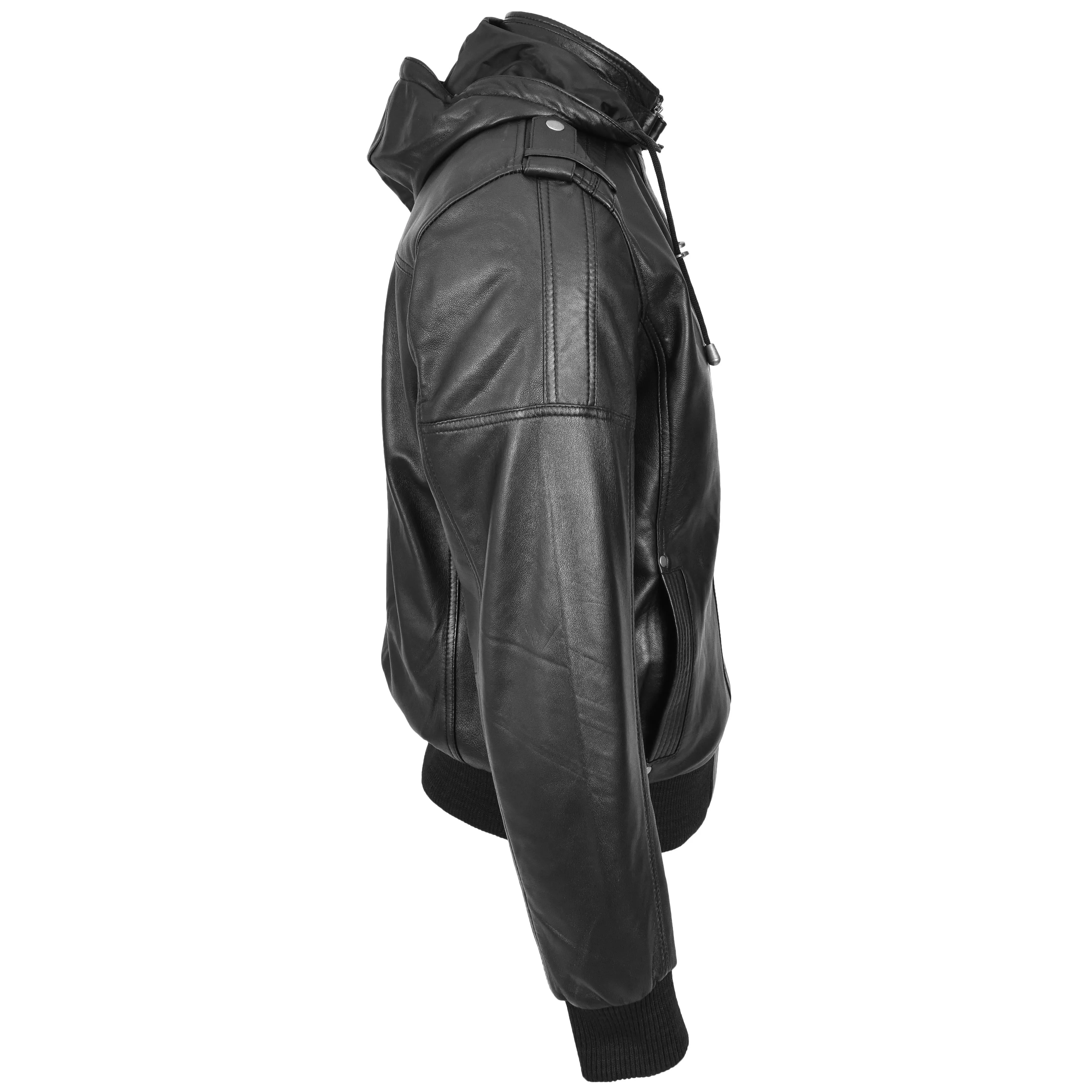 Mens Real Leather Bomber Jacket Trendy Removable Hood Style Reggie Black