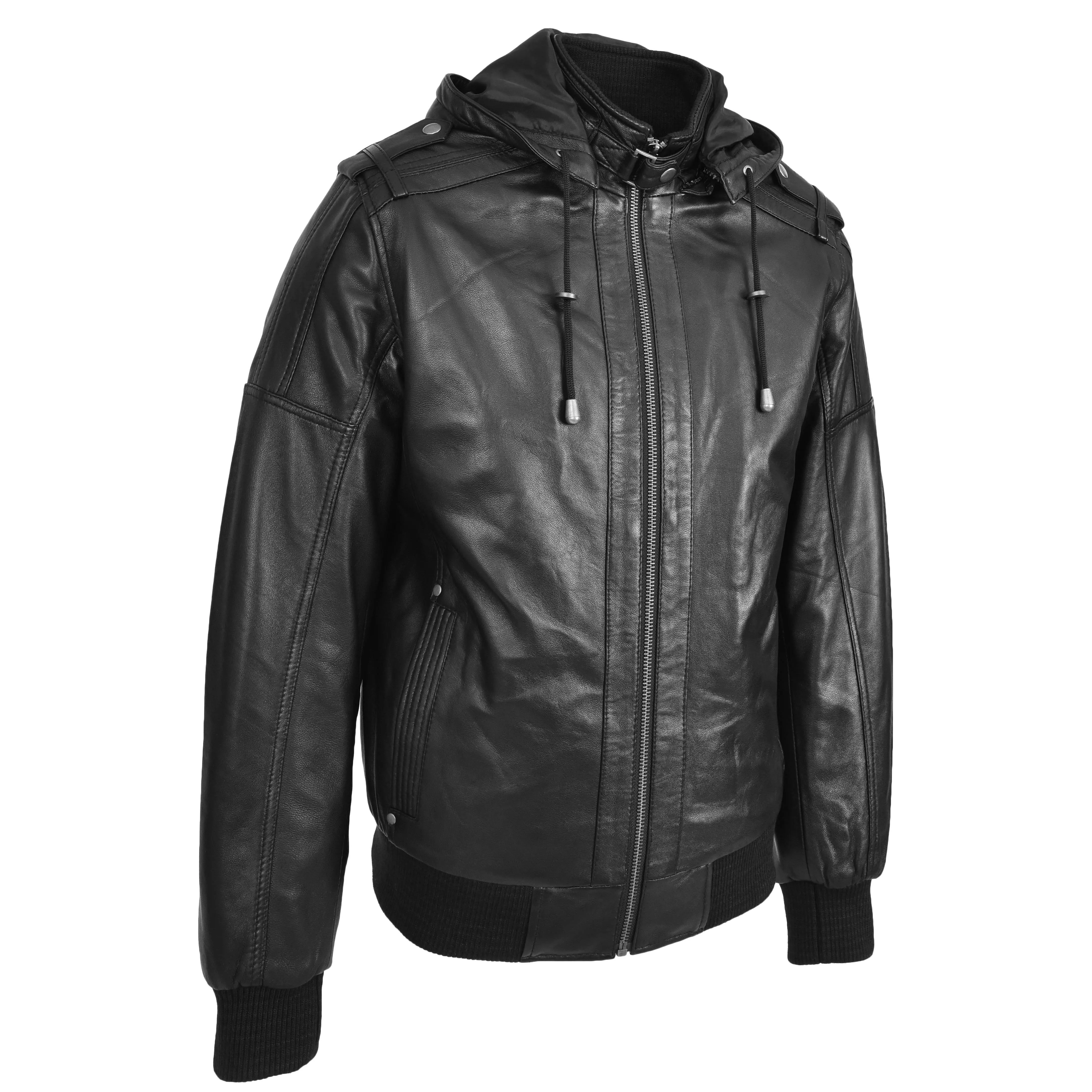 Mens Real Leather Bomber Jacket Trendy Removable Hood Style Reggie Black