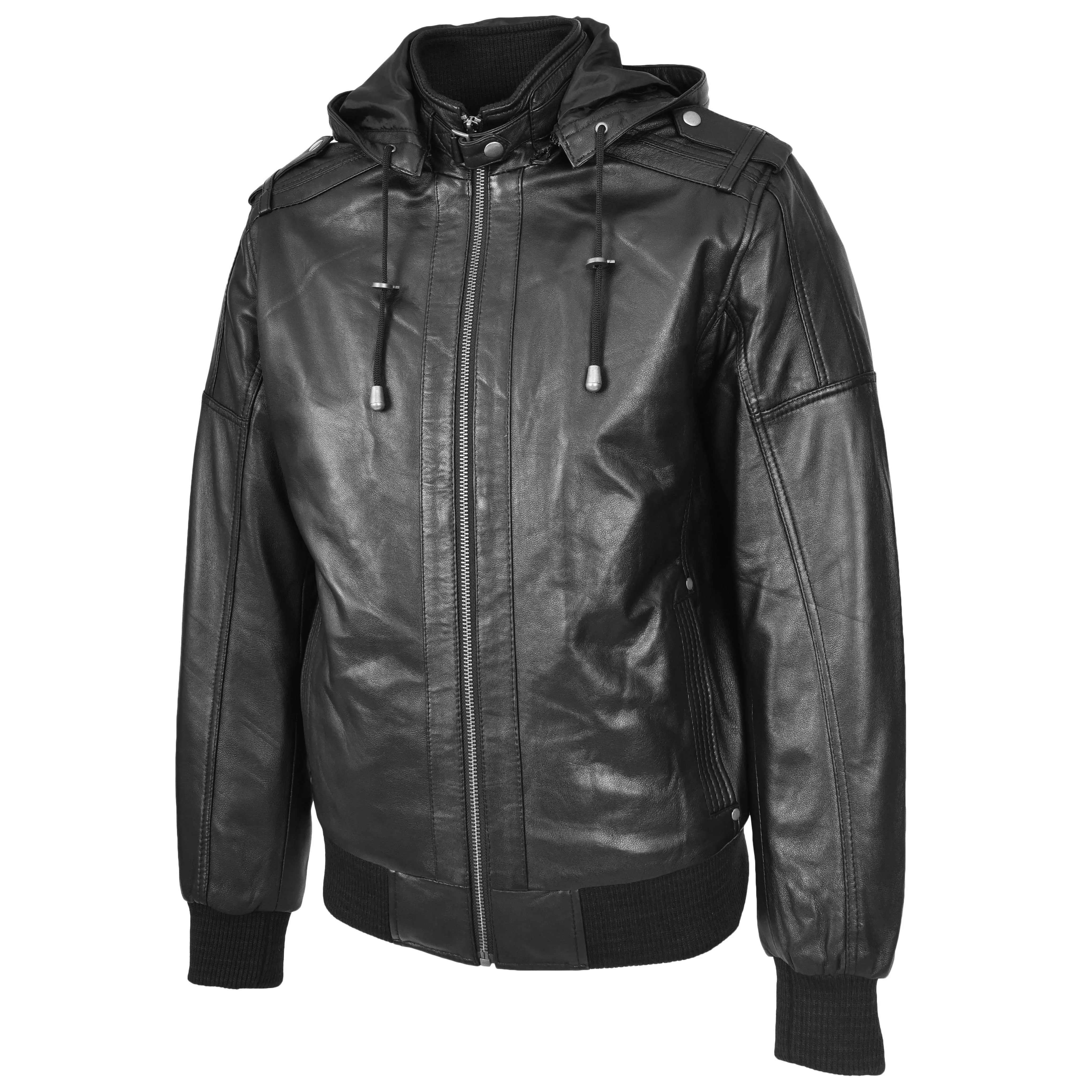 Mens Real Leather Bomber Jacket Trendy Removable Hood Style Reggie Black