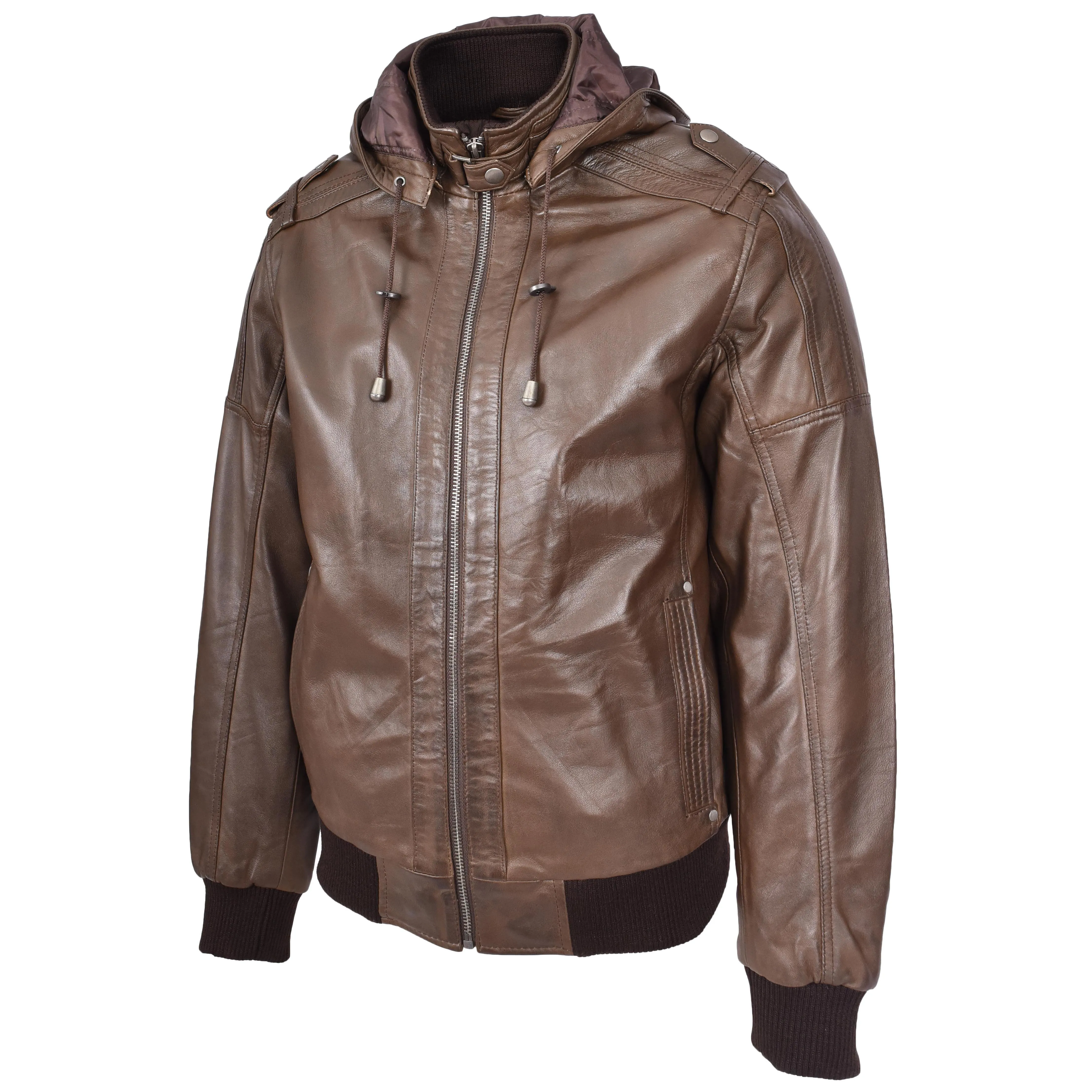 Mens Real Leather Bomber Jacket Trendy Removable Hood Style Reggie Brown